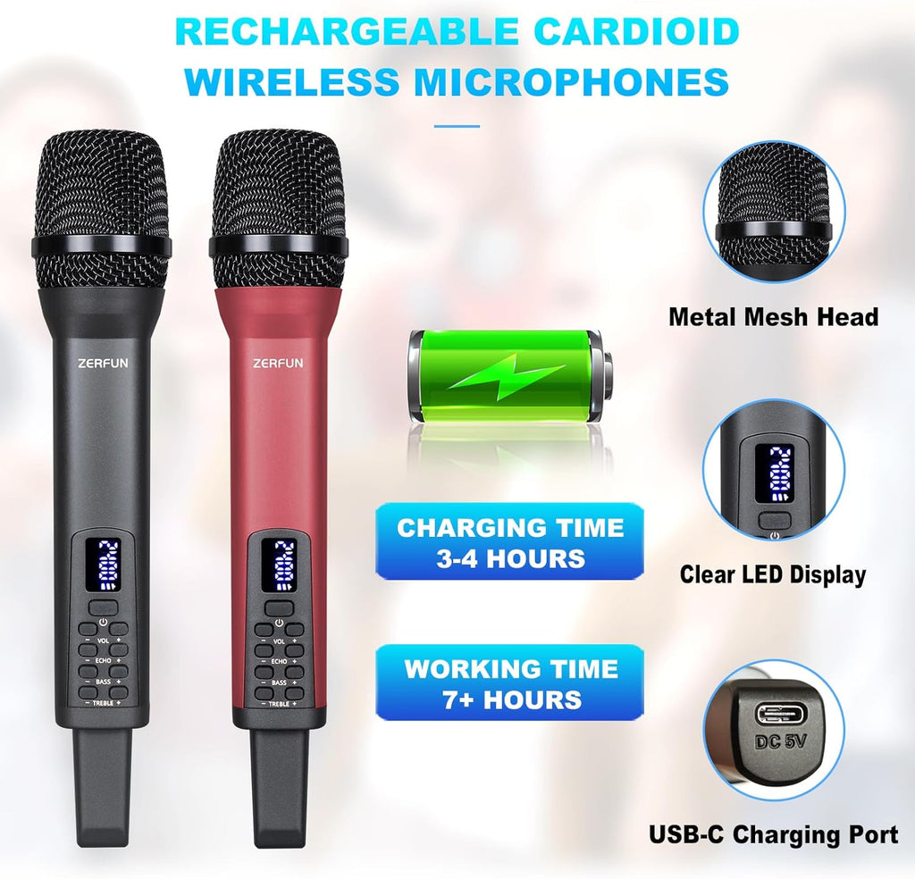 Rechargeable Wireless Microphones 4, Pro Handheld Cordless Mics System Dynamic with Echo Treble BASS VOL Control for Karaoke Singing Church Party, 1/4'' Output, D240, Grey&Red