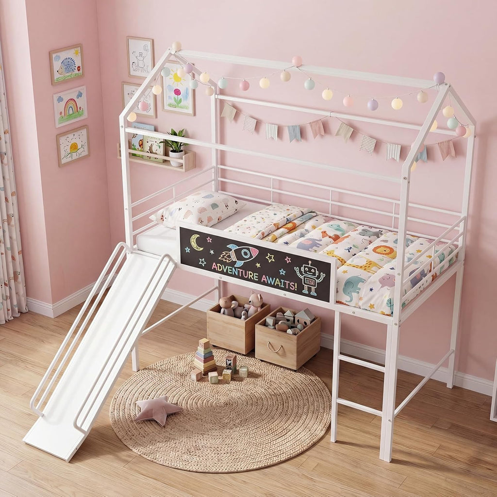 Giantex Twin Size House Loft Bed, Low Loft Bedframe w/Roof, Slide, Ladder, Chalkboard & Sturdy Metal Slats for Bedroom Dorm, Kids House Bed for Boys Girls, No Box Spring Needed (White)