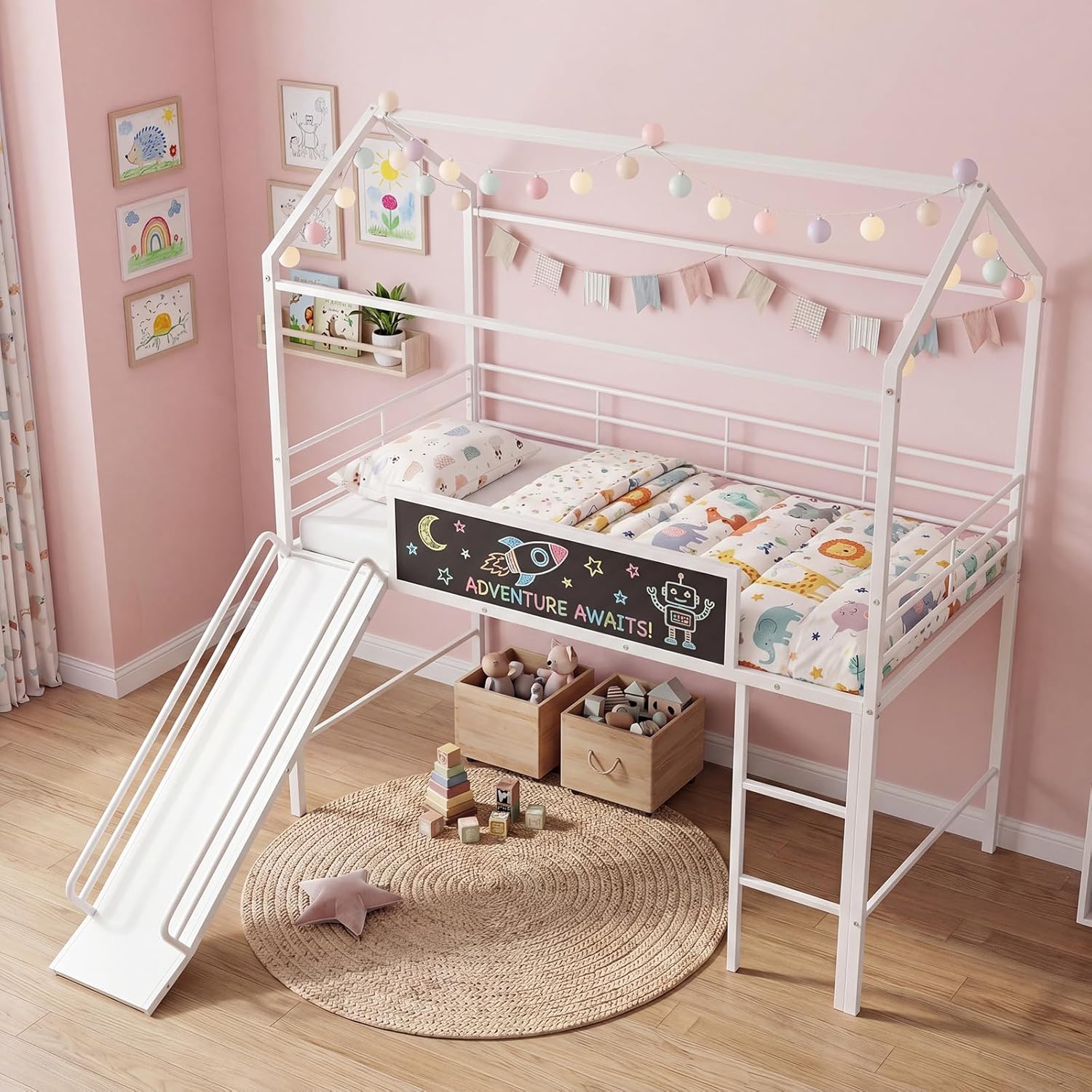 Giantex Twin Size House Loft Bed, Low Loft Bedframe w/Roof, Slide, Ladder, Chalkboard & Sturdy Metal Slats for Bedroom Dorm, Kids House Bed for Boys Girls, No Box Spring Needed (White)