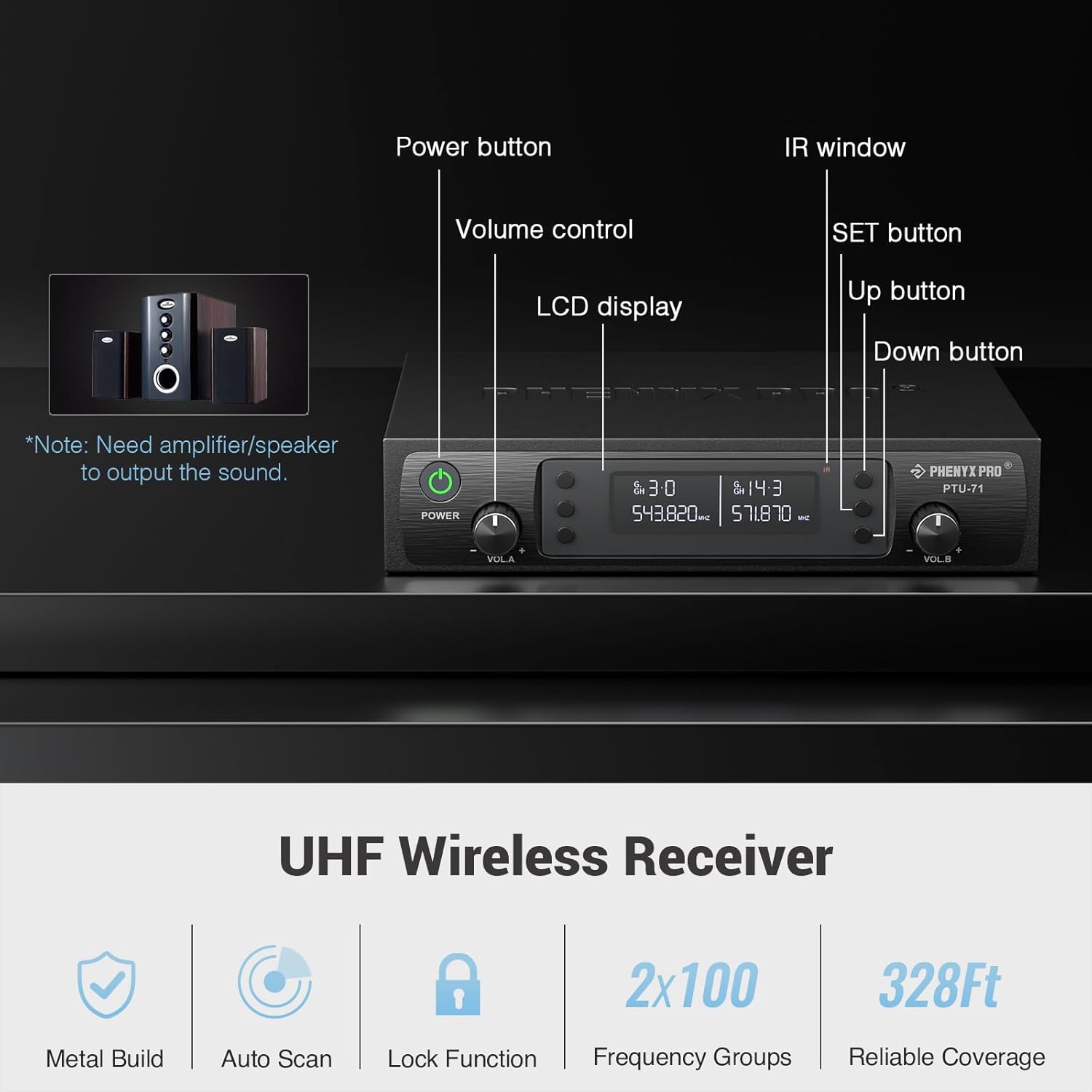 Phenyx Pro Dual UHF Wireless Microphone System .Auto-Scan Cordless Mic Set w/ 2x100 Frequencies, 2 Bodypacks & Headsets/Lapel Microphones for Speaking, Singing, Church, DJ (PTU-71-2B)
