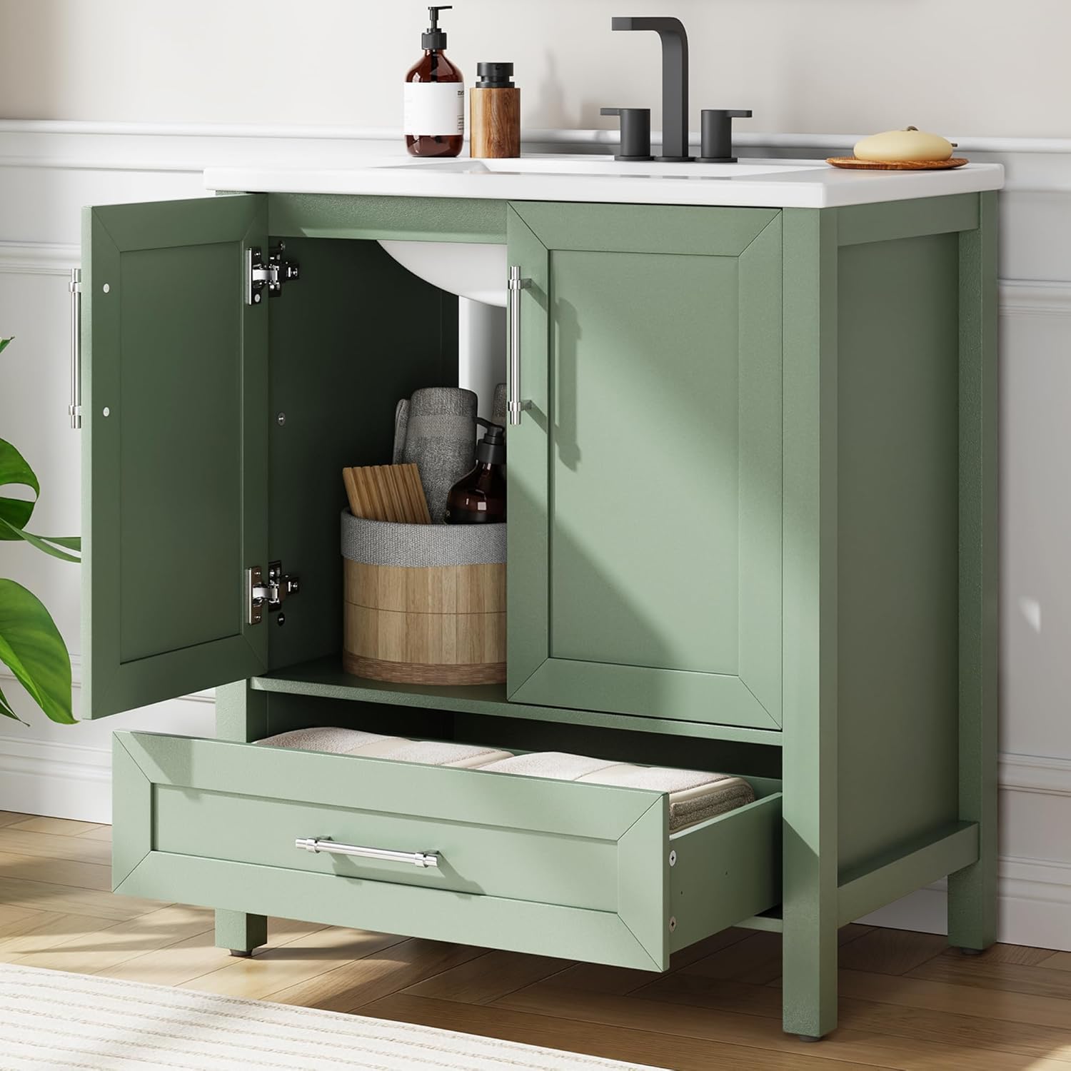 IDEALHOUSE 30" Bathroom Vanity with Sink, Freestanding Wooden Bathroom Vanity Cabinet with Soft-Closing Door and Metal Handle, Modern Floor Standing Storage for Small Spaces,Light Green