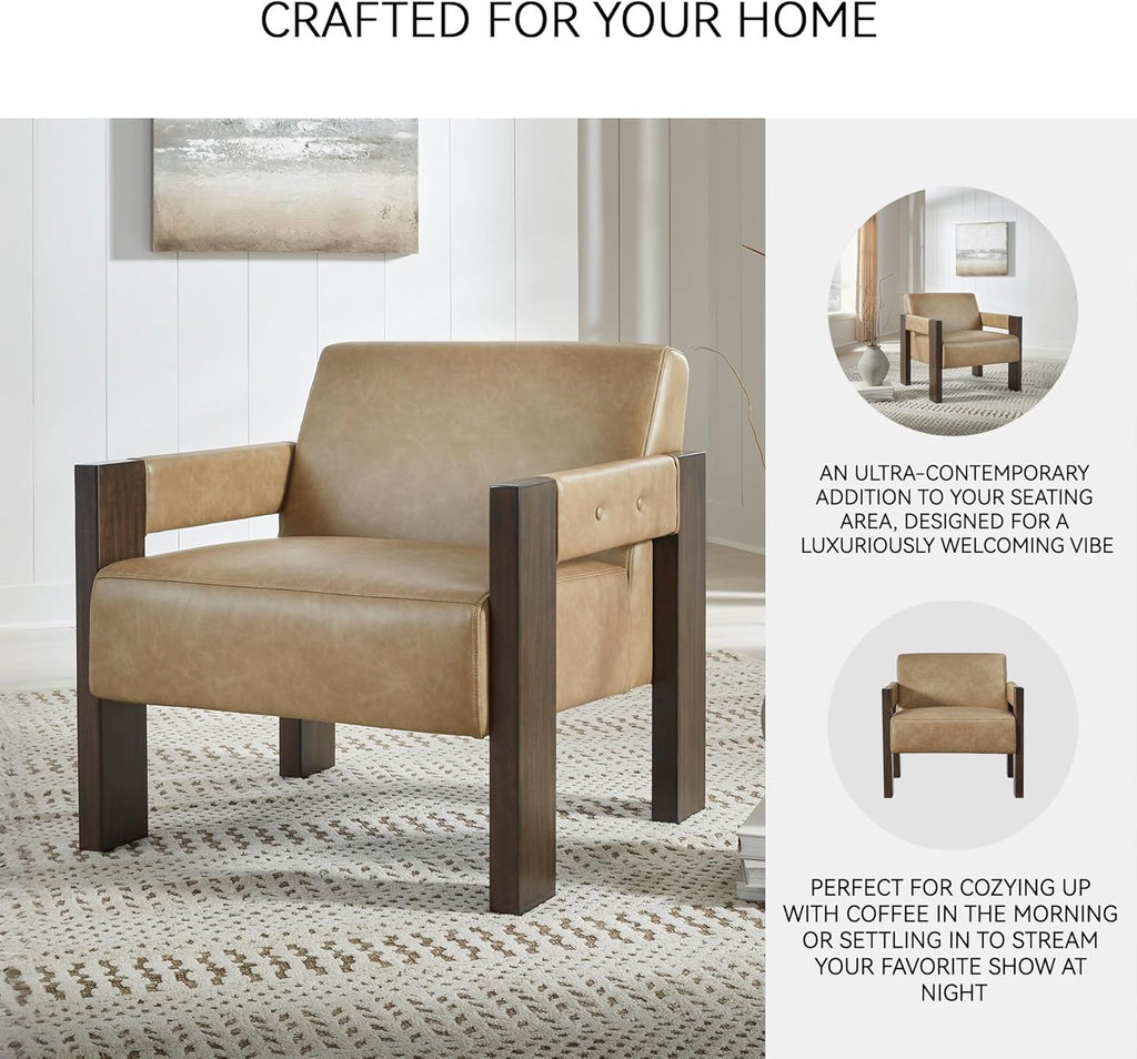 Signature Design by Ashley Adlanlock Contemporary Faux Leather Accent Chair with Wood Frame, Light Brown
