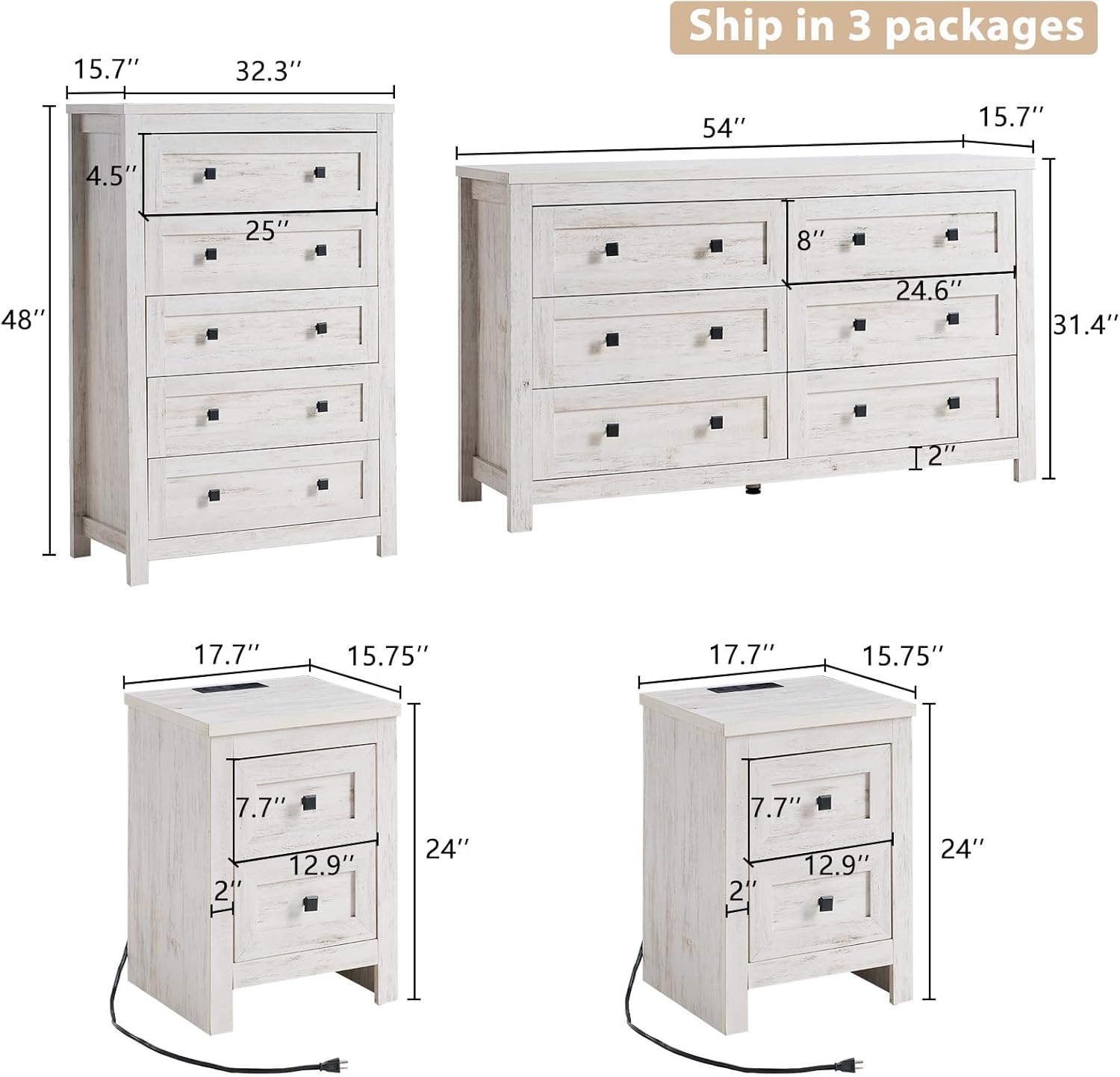 LUXOAK 4 Pieces Farmhouse Bedroom Set, 1 X Wood Rustic 6 Drawer Storage Dresser, 1 X 5 Drawer Dresser, Nightstand Set of 2 with Charging Station, Farmhouse Bedroom Furniture Set, Rustic White