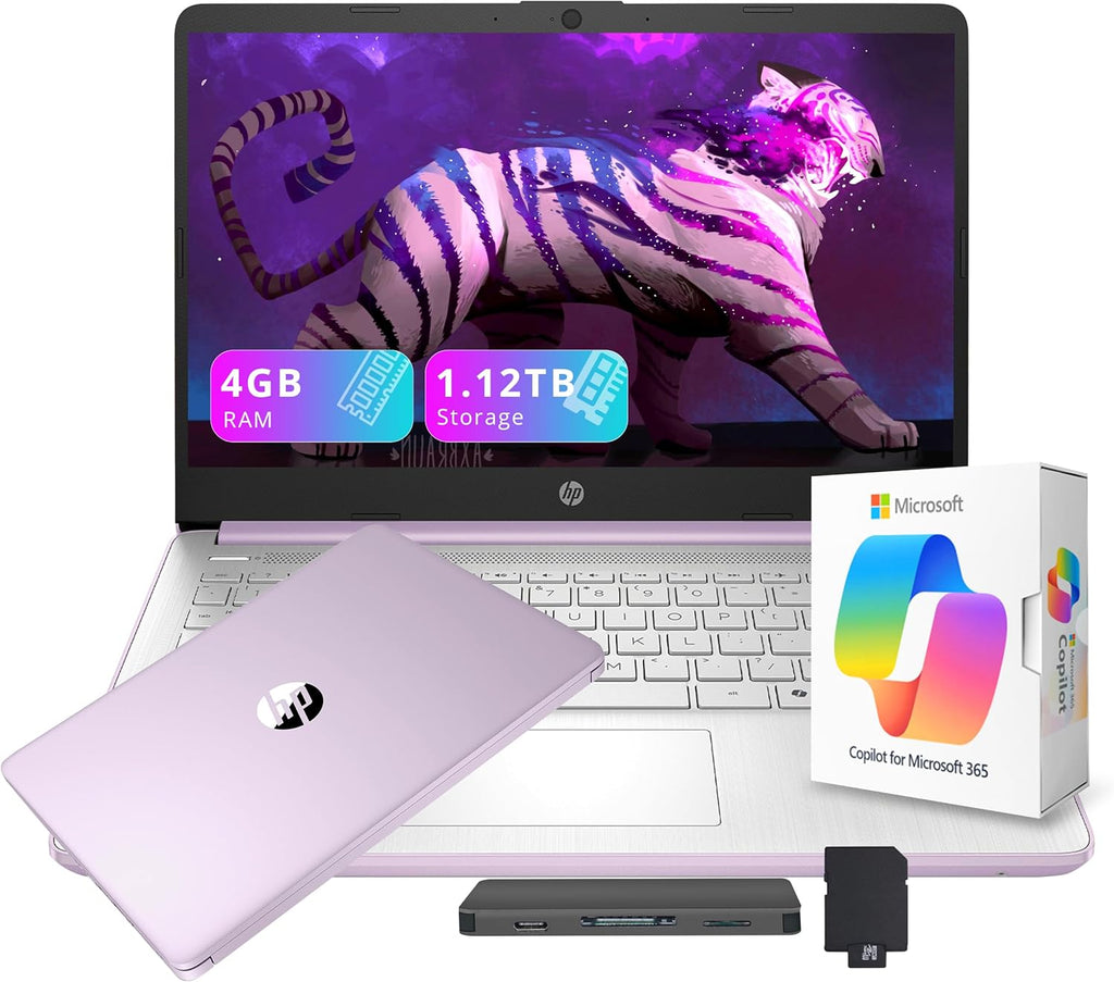 HP Flagship 14" HD Student&Business Laptop with AI Copilot, 13th Gen Intel 4-Core, 4GB RAM, 1.12TB Storage (128GB UFS + 1TB Docking Station), 1 Year Office 365, Wi-Fi 6, Win 11 S, Lavender Purple