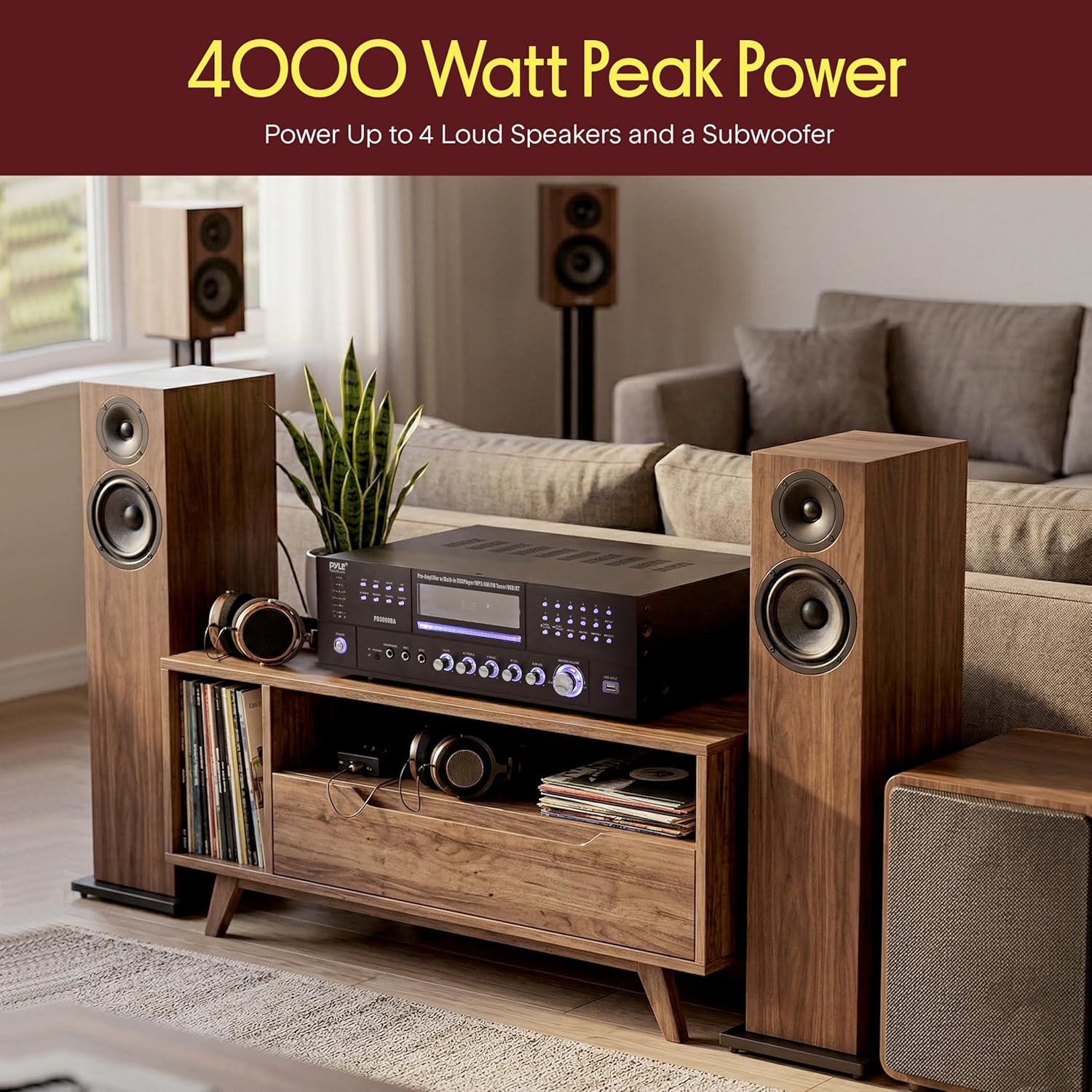 Pyle 4 Channel Bluetooth Home Amplifier - Front Loading DVD/CD Player - 3000W Peak Stereo Receiver - 2 Mic Inputs w/ Echo, FM Radio,Optical In,USB,RCA,Composite, LED Level Meter, Rack Mount - PD3000BA