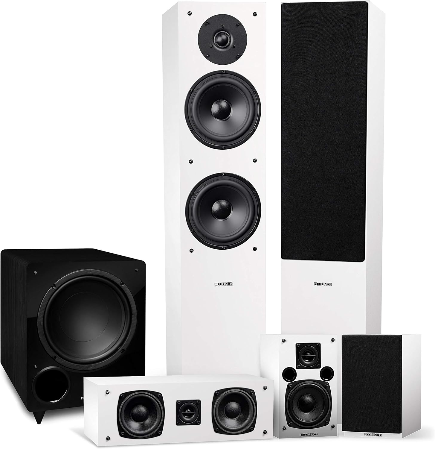 Fluance Elite High Definition Surround Sound Home Theater 5.1 Channel Speaker System Including 3-Way Floorstanding Towers, Center Channel, Rear Surround Speakers and DB10 Subwoofer - White (SX51WHR)
