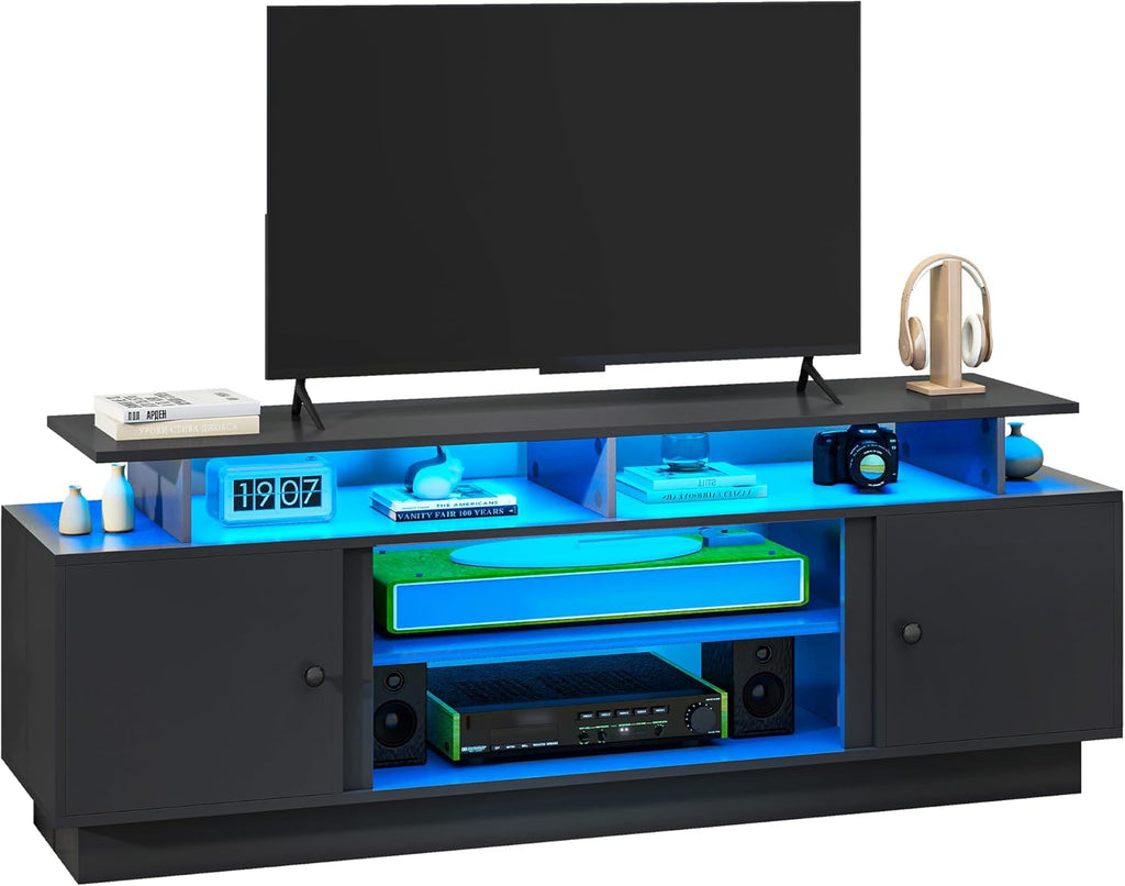 YITAHOME Modern TV Stand for 80 inch TVs, Entertainment Center with LED Lights & Storage Cabinets, TV Console Table with Adjustable Partition for Living Room (Black)