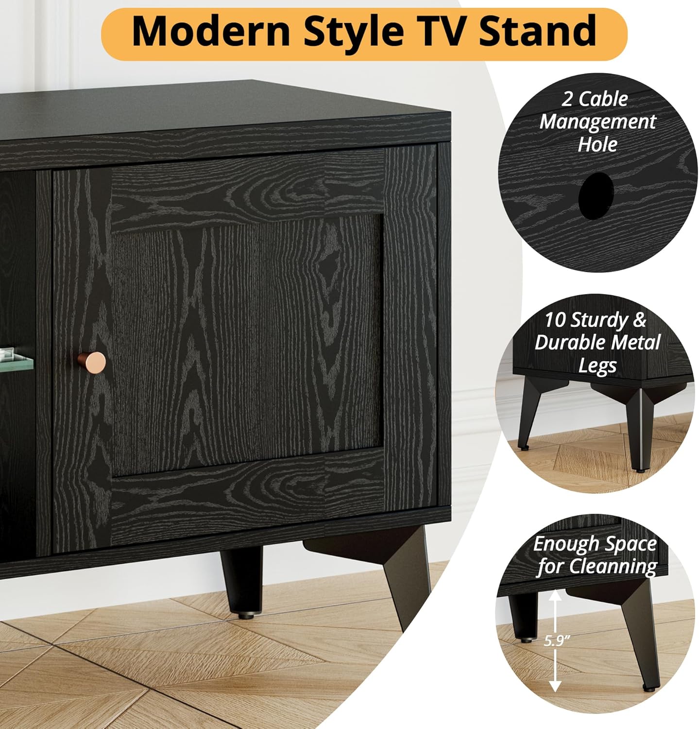 LIKIMIO 2-in-1 TV Stand for 85 Inch TV, Black TV Consoles with LED Lights & Charging Station, Entertainment Center with Storage Cabinets & Adjustable Glass Shelves, TV Table for Living Room & Bedroom
