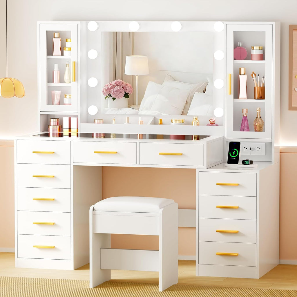 53.15" Large Vanity Desk with Mirror and Lights,White Makeup Vanity with Glass Top Power Outlet Vanity Table with 11 Drawers 6 Shelves Dressing Table Stool Set for Bedroom Women UXFST008W