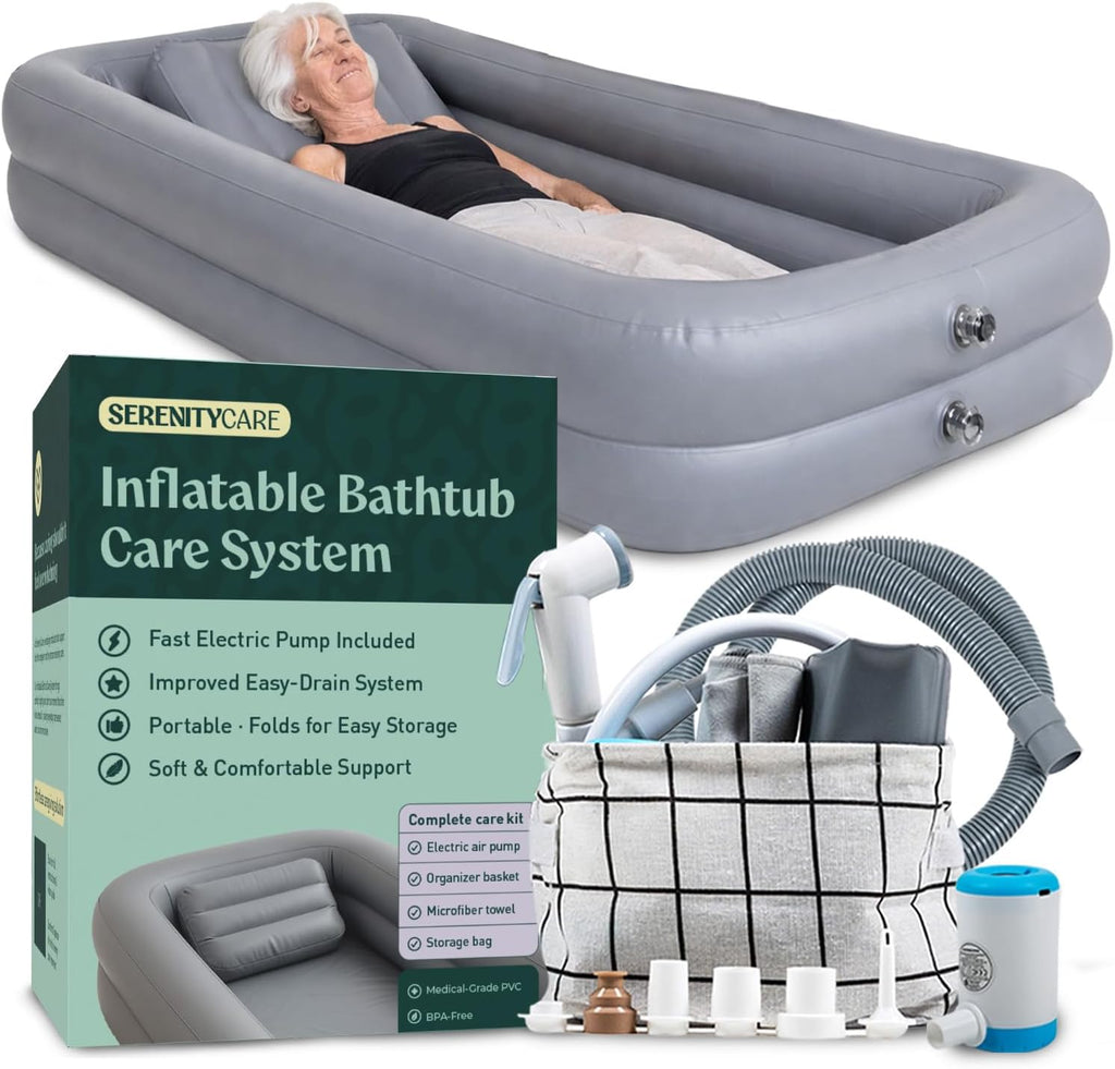 Inflatable Bed Bathtub for Adults, Bedridden Patients – Easy Bed Bath System for Elderly & Disabled – Home Care Portable Medical Bed Shower Solution with Electric Pump & Complete Kit