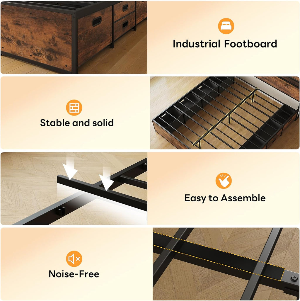LIKIMIO King Bed Frame with 12 Fabric Storage Drawers, Industrial Platform Bed Frame with Headboard, No Box Spring Needed, Sturdy Metal Slat Support, Rustic Brown, Noise-Free, Easy Assembly