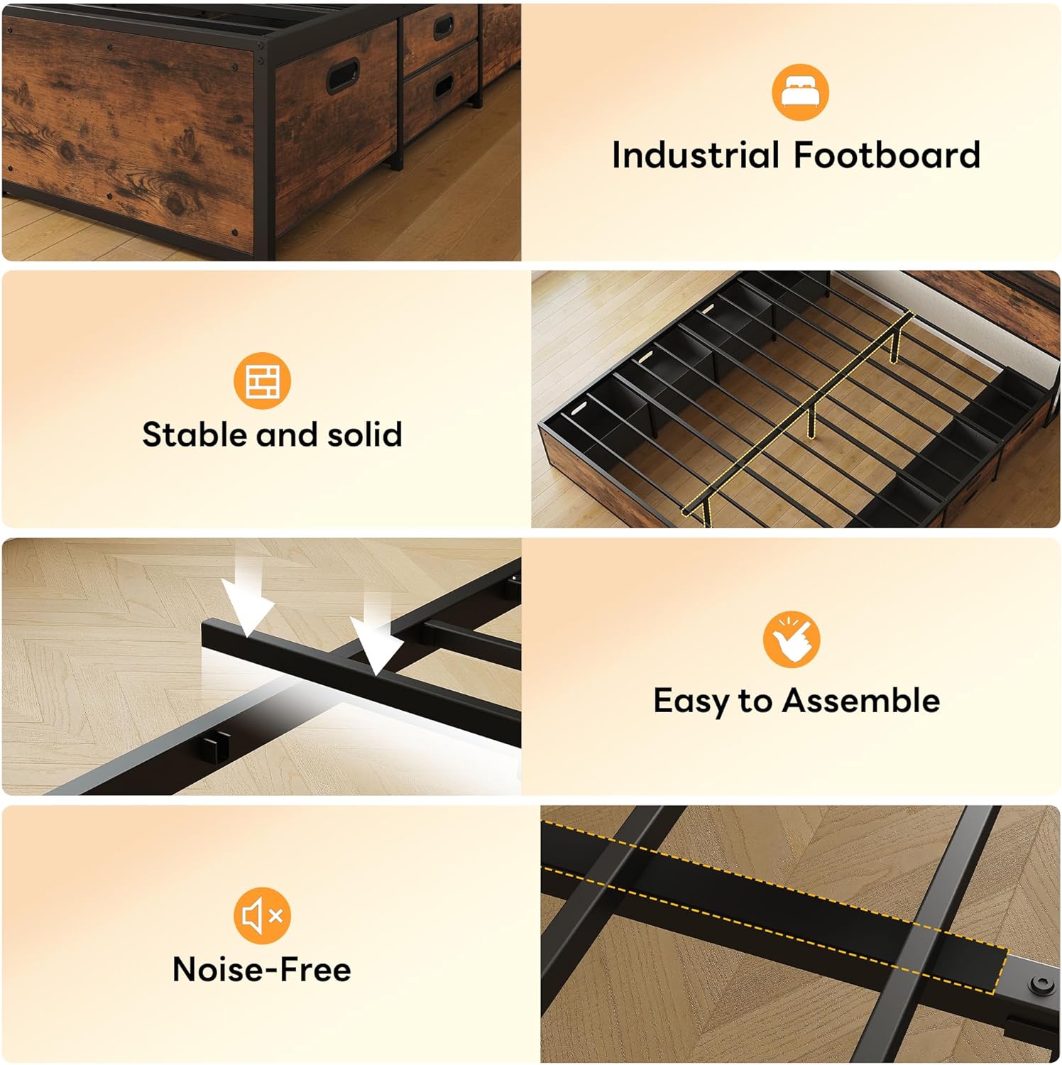 LIKIMIO King Bed Frame with 12 Fabric Storage Drawers, Industrial Platform Bed Frame with Headboard, No Box Spring Needed, Sturdy Metal Slat Support, Rustic Brown, Noise-Free, Easy Assembly