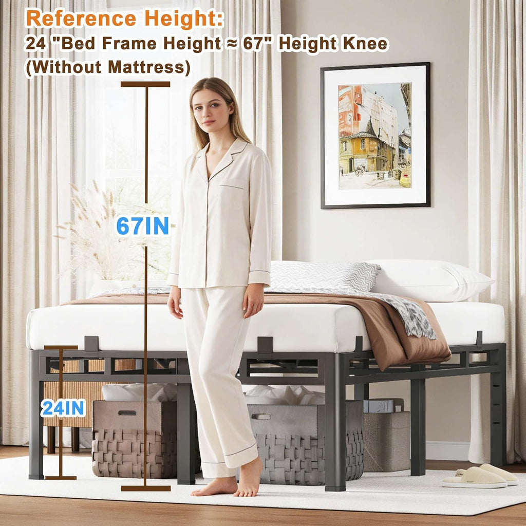ROIL 24 Inch Queen Size Bed Frame, Metal Bed Frame & Box Spring 2 in 1 Platform with Round Corner Legs, 4000LBS Double Layer Bed Frame with Headboard Holes Mattress Baffles, Noise-Free Easy Assembly