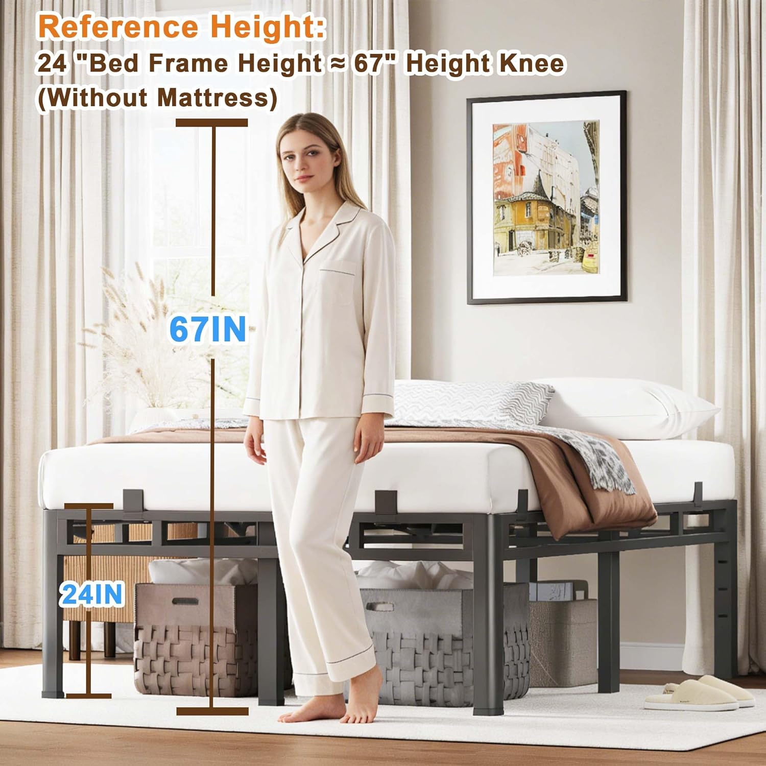 ROIL 24 Inch Queen Size Bed Frame, Metal Bed Frame & Box Spring 2 in 1 Platform with Round Corner Legs, 4000LBS Double Layer Bed Frame with Headboard Holes Mattress Baffles, Noise-Free Easy Assembly