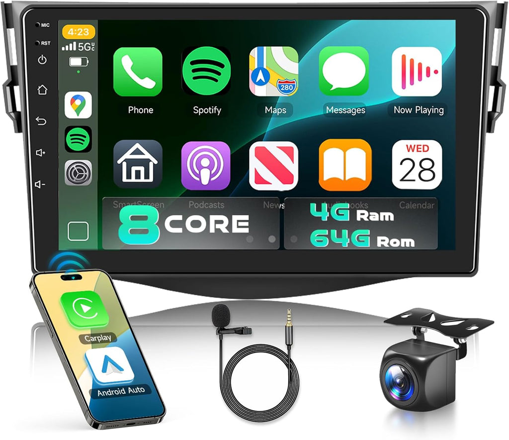 5/6GWiFi 8Core Qualcomm 4G+64G,Radio for Toyota RAV4 2007-2011 Radio Android Car Stereo 5.1Bluetooth,Wireless Carplay,DSP Hi-Res,Android Auto,9'' 1280P IPS Touch Screen,Cooling Fan,GPS,FM/RDS,Camera