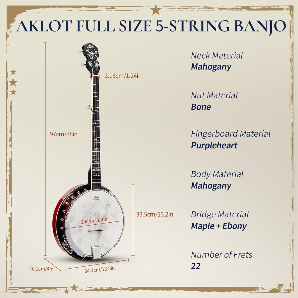 AKLOT Full-Sized Banjo with Remo Head: 38'' 5 String Banjo Set with Removable Resonator, Geared 5th Tuner, 24 Brackets, Deluxe Beginner Kit with Gig Bag, Strings, Strap, Picks, Tuner, Bridge Ruler（01）