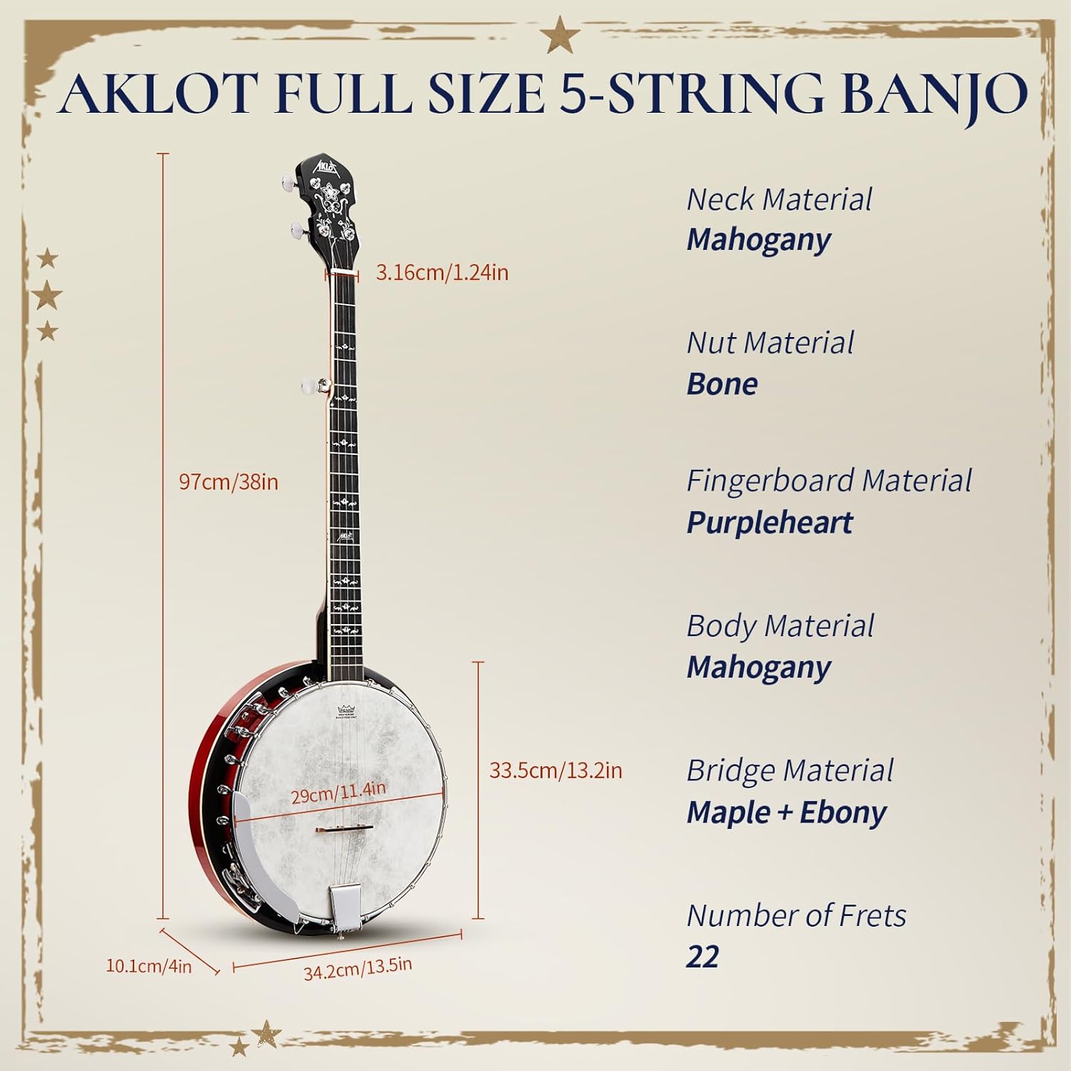 AKLOT Full-Sized Banjo with Remo Head: 38'' 5 String Banjo Set with Removable Resonator, Geared 5th Tuner, 24 Brackets, Deluxe Beginner Kit with Gig Bag, Strings, Strap, Picks, Tuner, Bridge Ruler（01）