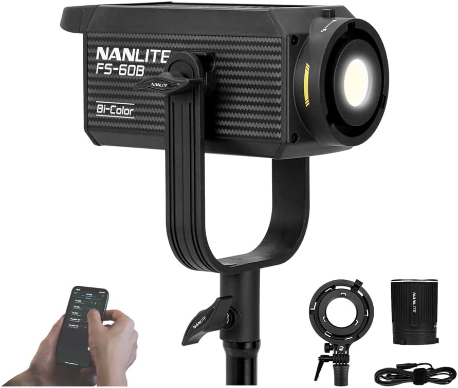 NANLITE FS-60B 70W Bi-Color LED Spotlight, Compact Camera Mount Photography Continuous Lighting with APP Control, CRI≥96 TLCI≥97, for YouTube Studio, Filmmaking, Live Streaming