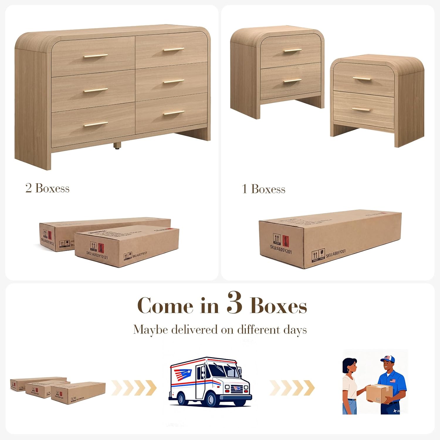 3-Piece Modern Bedroom Furniture Set, 6-Drawer& 2-Drawer Nightstands Set of 2, Unique Curved Design Wooden Dresser and Nightstand Sets for Bedroom, Hallway, Oak