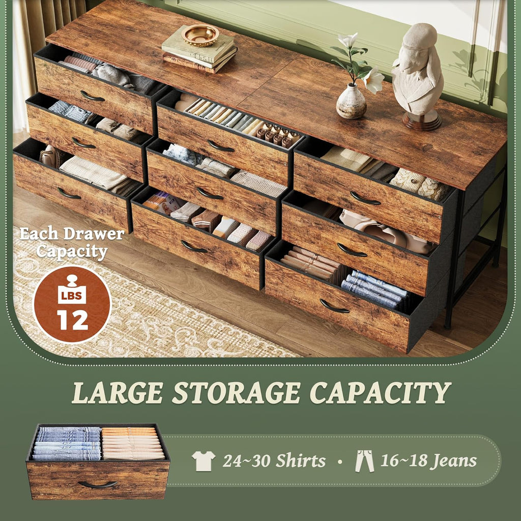 Huuger 63 Inch Dresser for Bedroom, Dresser for Closet with 9 Fabric Drawers, Large TV Stand for 55, 65, 70 Inch TV, Entertainment Center with Storage, Wide Long Chest of Drawers, Rustic Brown
