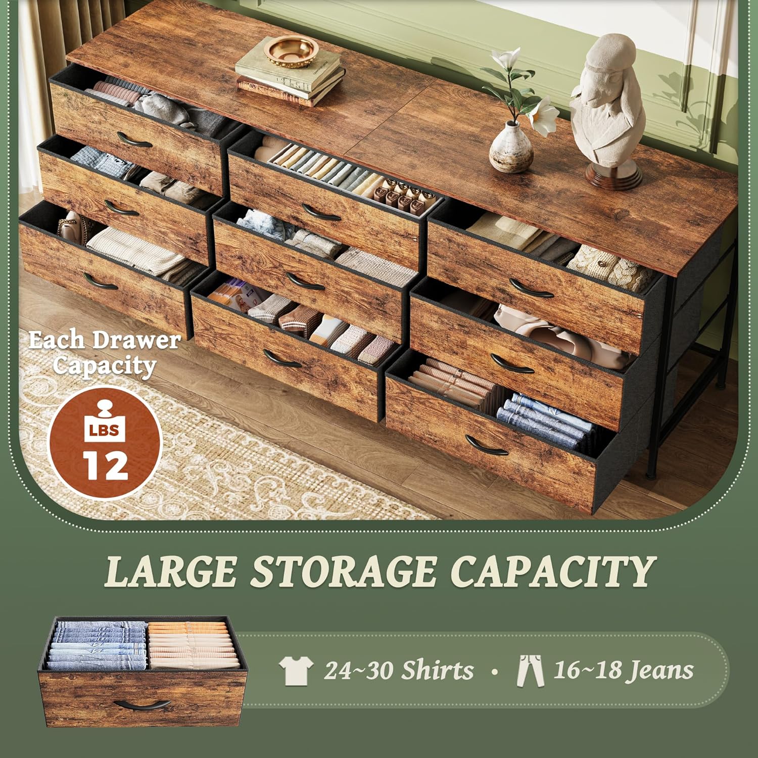 Huuger 63 Inch Dresser for Bedroom, Dresser for Closet with 9 Fabric Drawers, Large TV Stand for 55, 65, 70 Inch TV, Entertainment Center with Storage, Wide Long Chest of Drawers, Rustic Brown