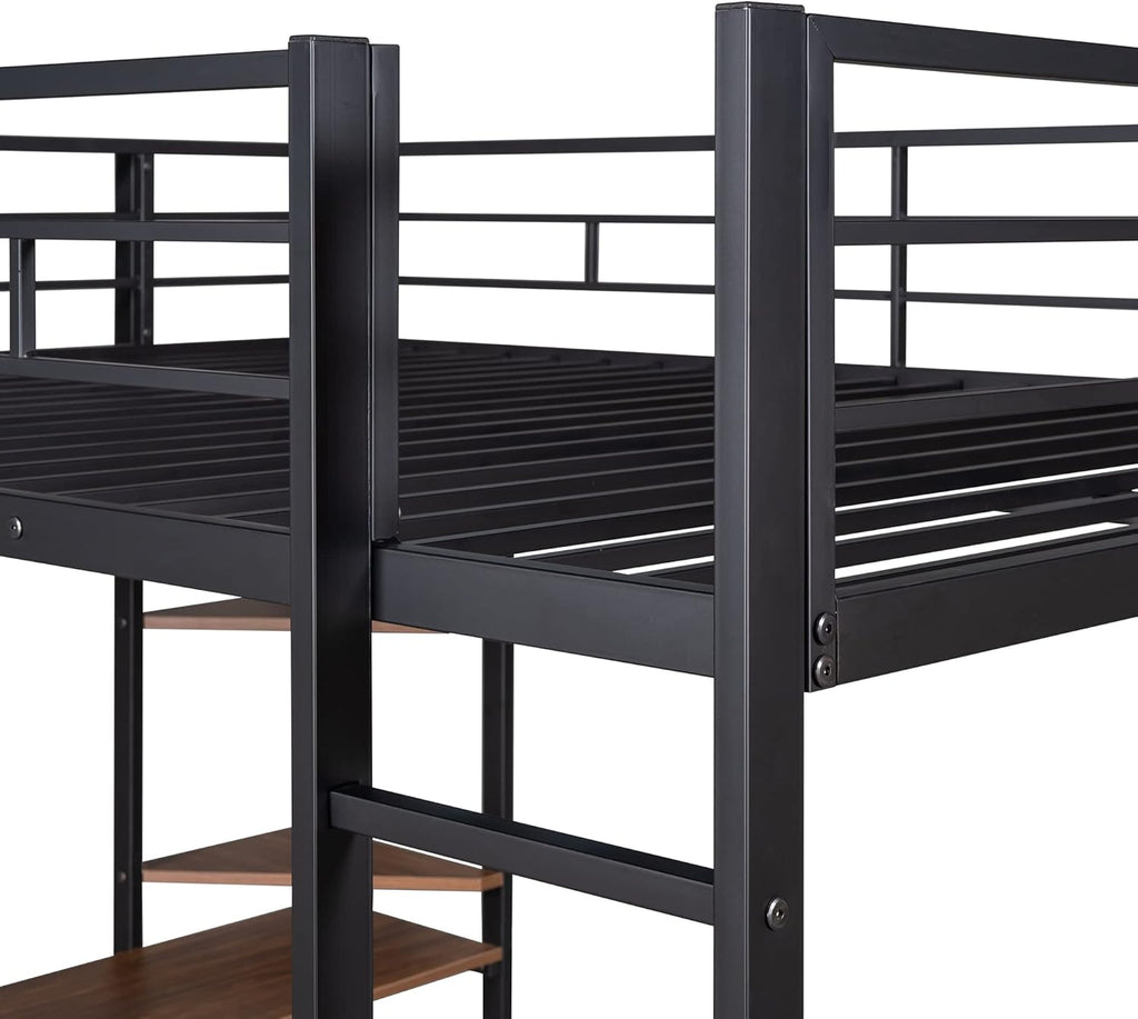 Bellemave Full Size Loft Bed with Desk and Storage Shelf and Ladder, Metal Full Size Loft BedFrame,Black