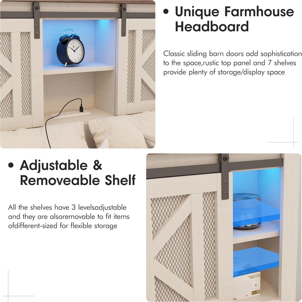 Vabches Farmhouse Twin Size Bed Frame with Storage Bookcase Headboard, LED Lights and Charging Station, Sliding Barn Door and Adjustable Shelves, No Box Spring Needed, White