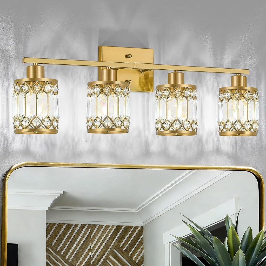 Crystal Modern Bathroom Light Fixtures, 4-Light Brushed Gold Bathroom Vanity Wall Light, Vanity Lights for Mirror, Restroom, Bedroom (E26 Socket, Bulbs Not Included)