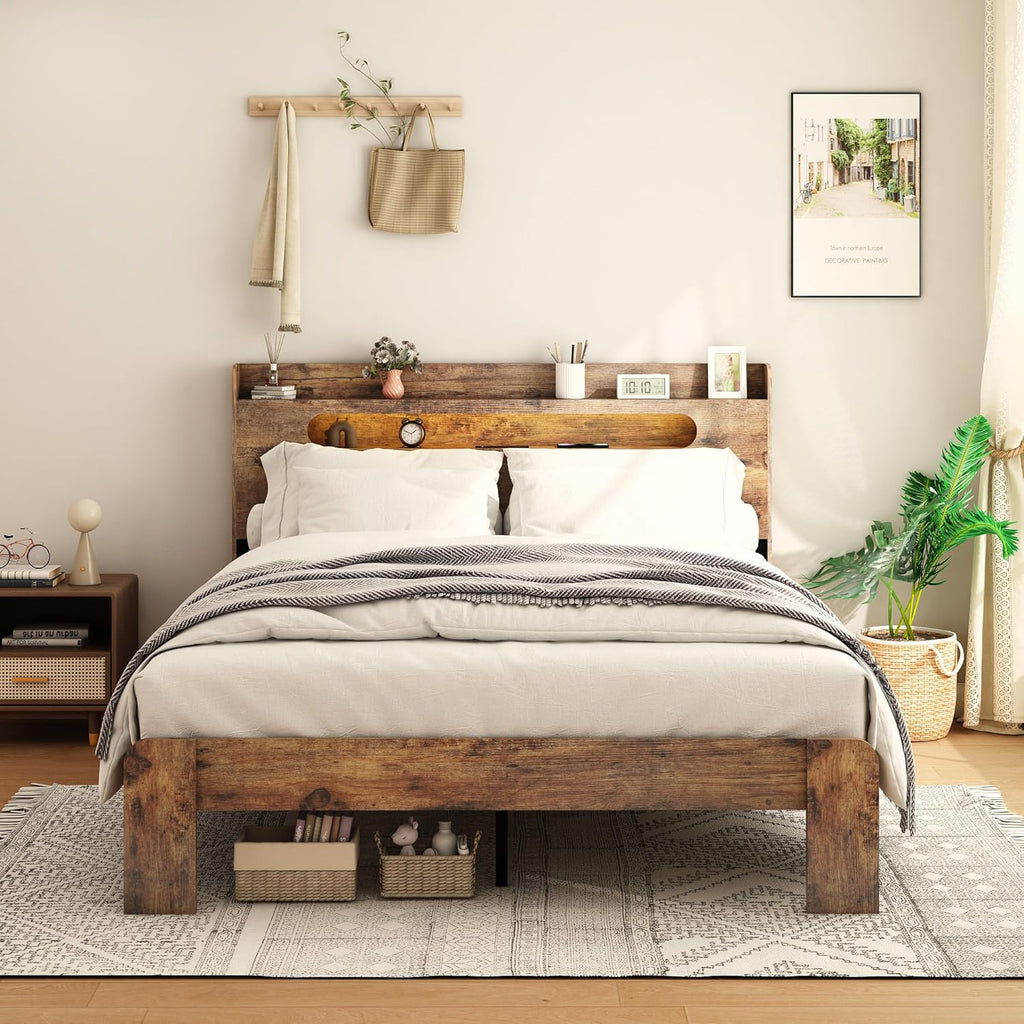 Wooden Queen Size Bed Frame with Storage Headboard, Farmhouse Platform Bedframe with Charging Station & Led Lights, Sturdy Wood Slat Framework, Easy Assembly (Rustic Brown Led)
