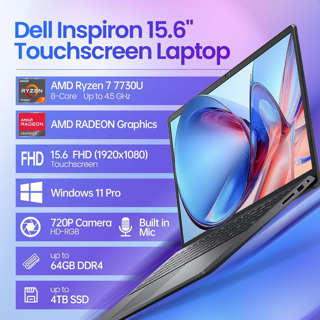 Dell 15 Touchscreen Laptop, AMD Ryzen 7 7730U (Beats i7-1355U), 16GB RAM, 512GB NVMe SSD, Windows 11 Pro, 15.6" FHD IPS, Copilot AI, Type-C, HDMI, Black, 2026 Model