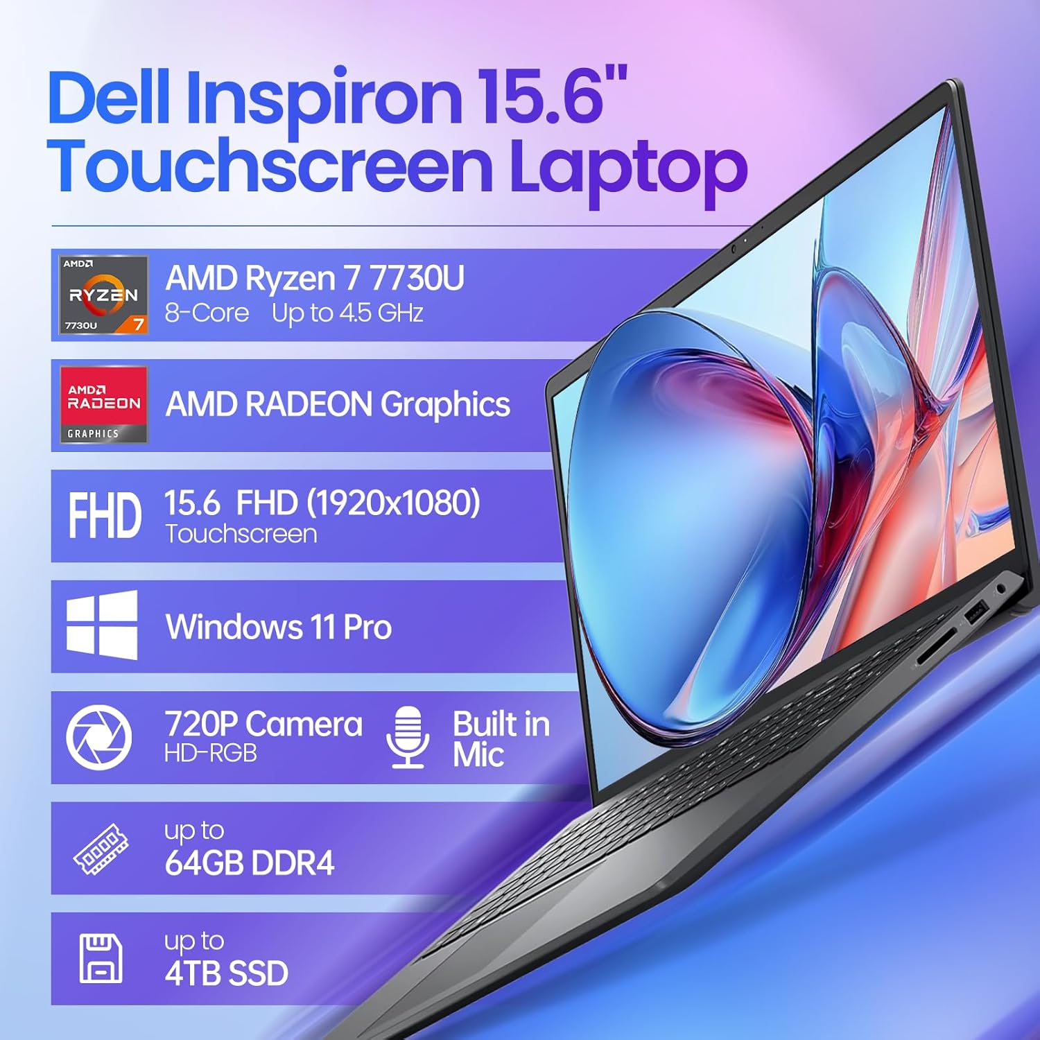 Dell 15 Touchscreen Laptop, AMD Ryzen 7 7730U (Beats i7-1355U), 16GB RAM, 512GB NVMe SSD, Windows 11 Pro, 15.6" FHD IPS, Copilot AI, Type-C, HDMI, Black, 2026 Model