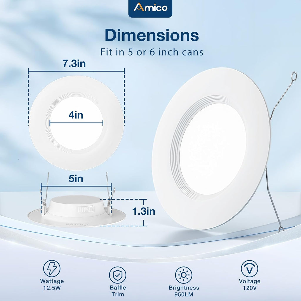 Amico 5/6 inch 5CCT LED Recessed Lighting 48 Pack, Dimmable, IC & Damp Rated, 12.5W=100W, 950LM Can Lights with Baffle Trim, 2700K/3000K/4000K/5000K/6000K Selectable, Retrofit Installation - ETL & FCC