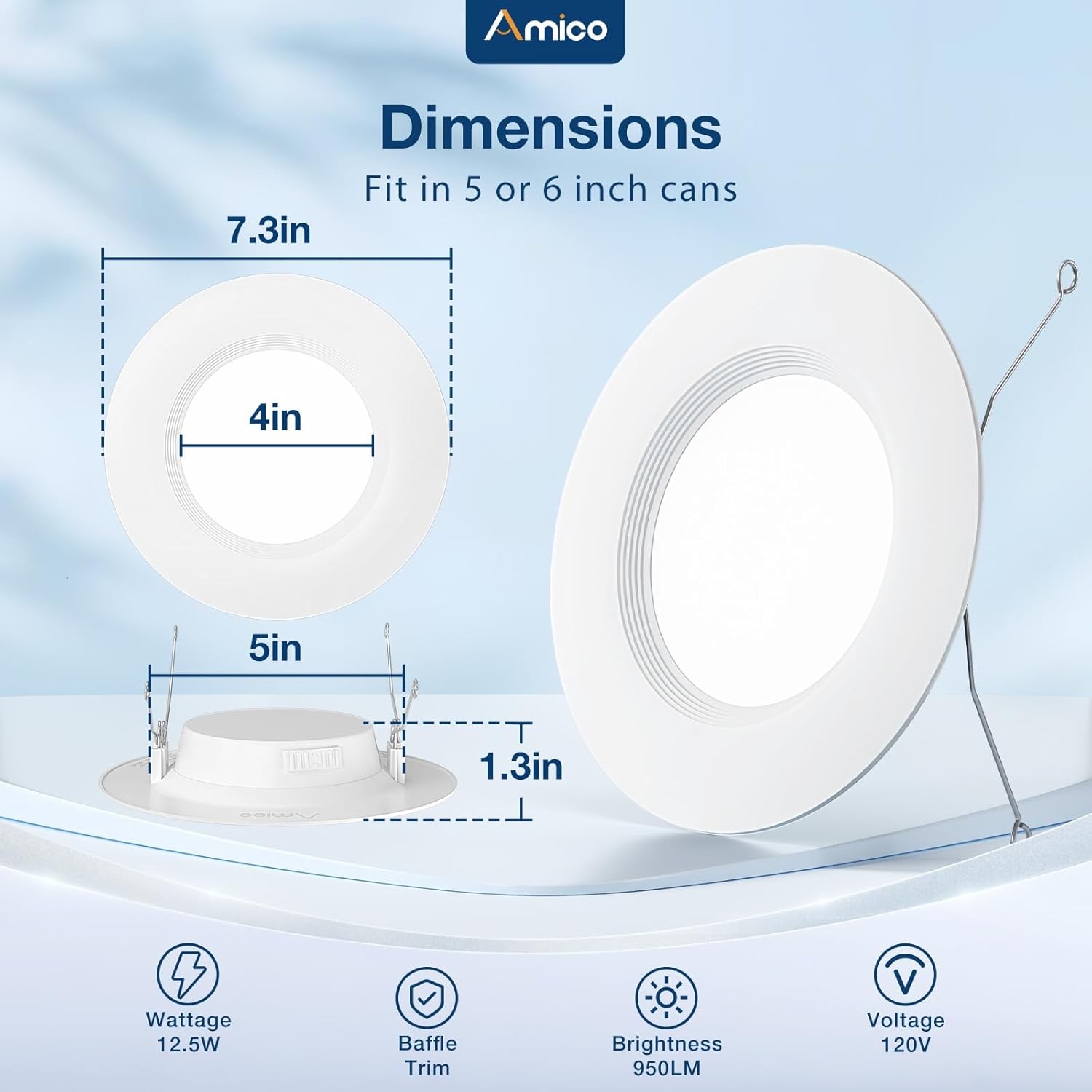 Amico 5/6 inch 5CCT LED Recessed Lighting 48 Pack, Dimmable, IC & Damp Rated, 12.5W=100W, 950LM Can Lights with Baffle Trim, 2700K/3000K/4000K/5000K/6000K Selectable, Retrofit Installation - ETL & FCC
