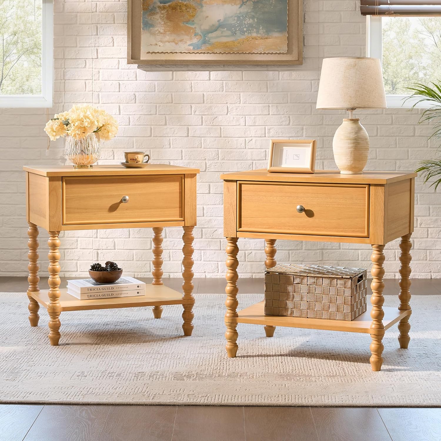 AMERLIFE 3 Piece Bedroom Set Includes Solid Wood Full Platform Bed Frame with Headboard and 2 Nightstands with Spindle-Turned Legs, Mid Century Modern Bedroom Furniture, Natural