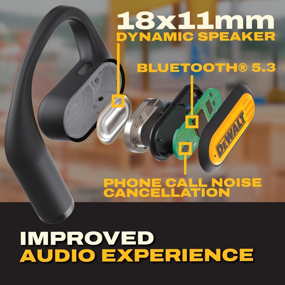 DEWALT Heavy Duty Open Ear Headphones, Bluetooth 5.3 Wireless Earbuds IP55, 44Hrs Runtime, Jobsite Premium Sound True Wireless Air Conduction Open Ear Earbuds with Earhooks for Worksites and Workouts