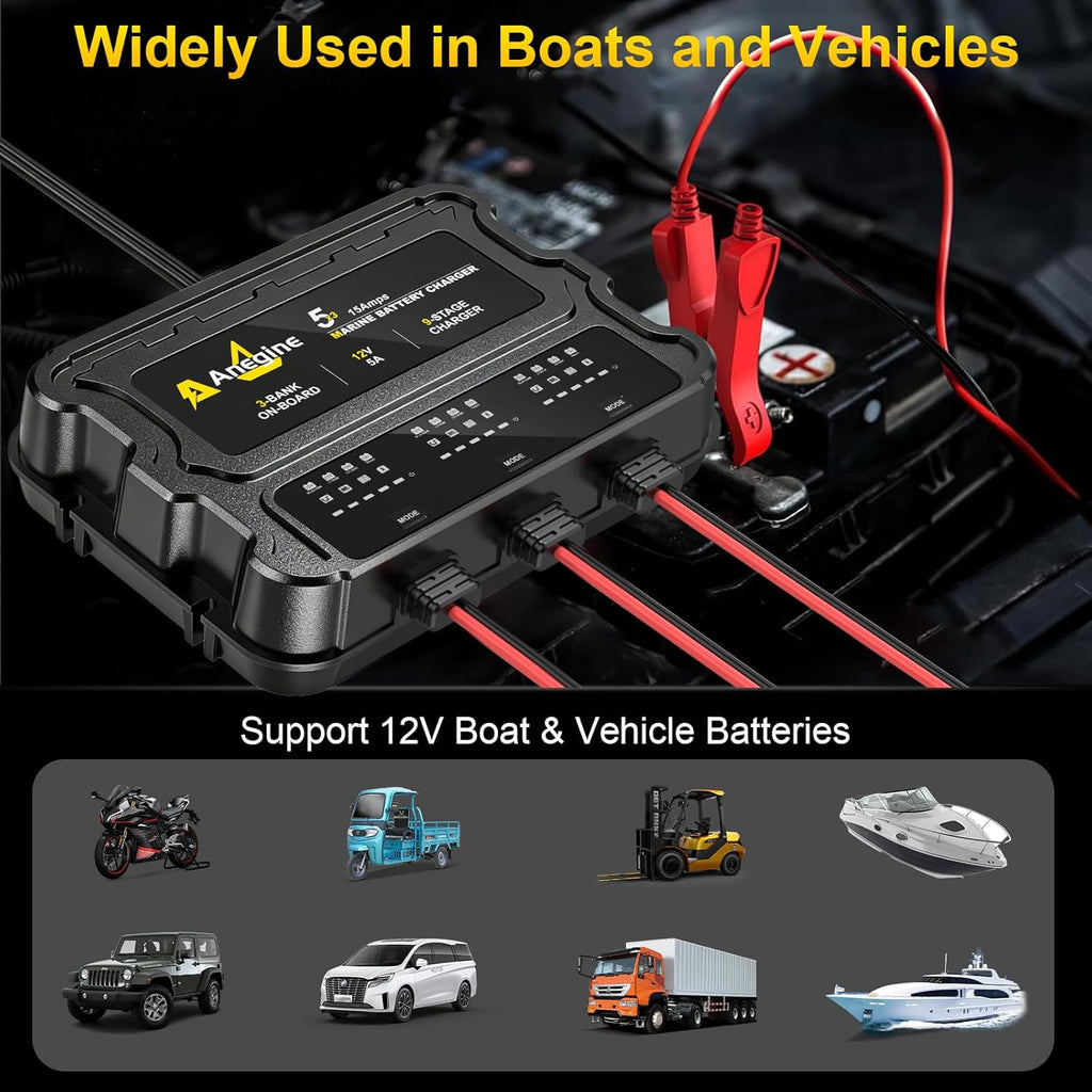 3 Bank Marine Battery Charger, 12V (5A/Bank) IP68 Waterproof LCD Onboard Battery Charger with Overcharge Protection & Temperature Compensation- for Lead-Acid, AGM, EFB, LiFePO4, Lithium, Boat, Car, RV
