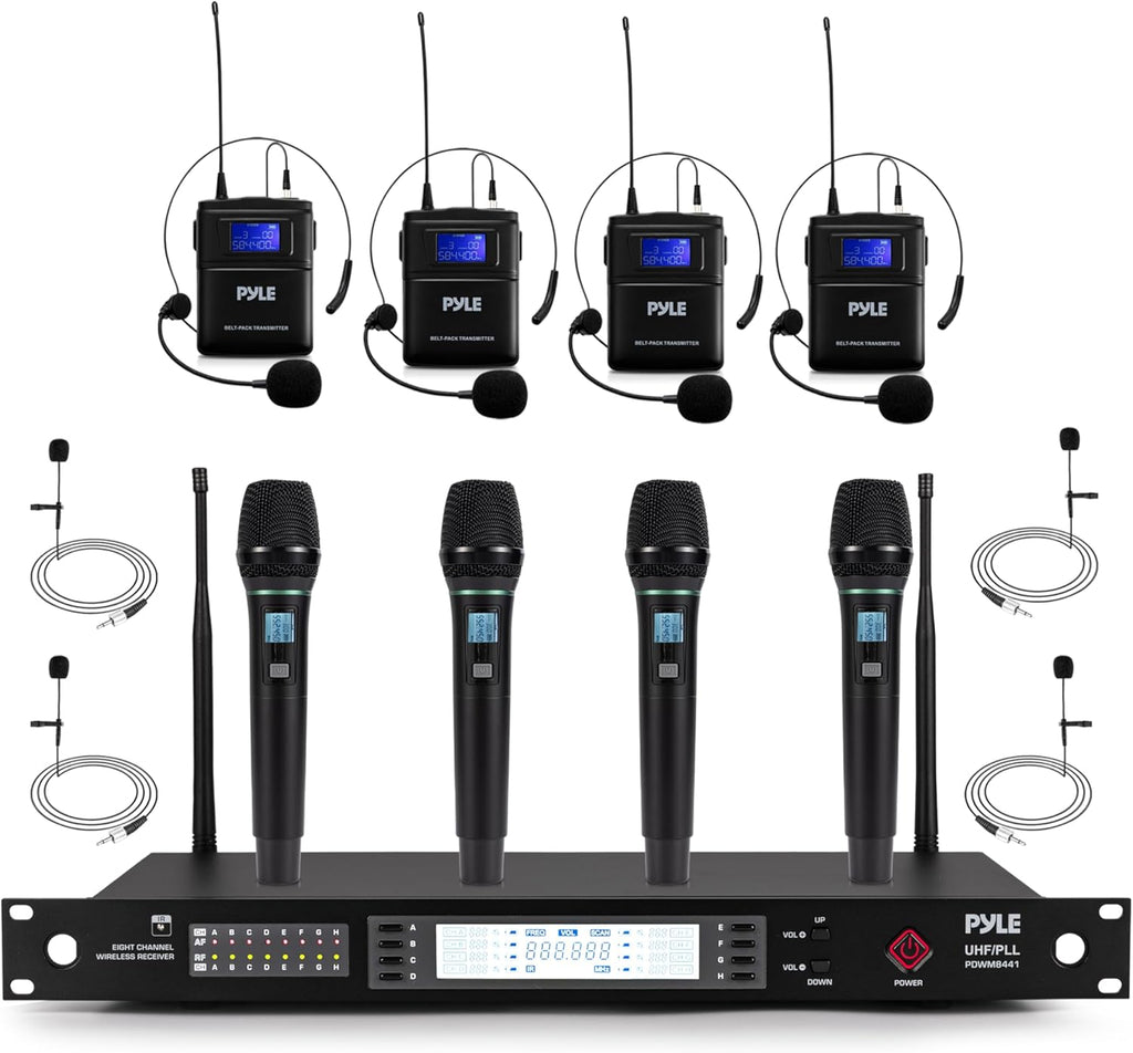 Pyle 8 Channel UHF Wireless Microphone System with 4 Handheld, 4 Lavalier & 4 Headset Microphones, 300 Ft Range & Rack Mount Receiver for Church, Conferences & Live Events