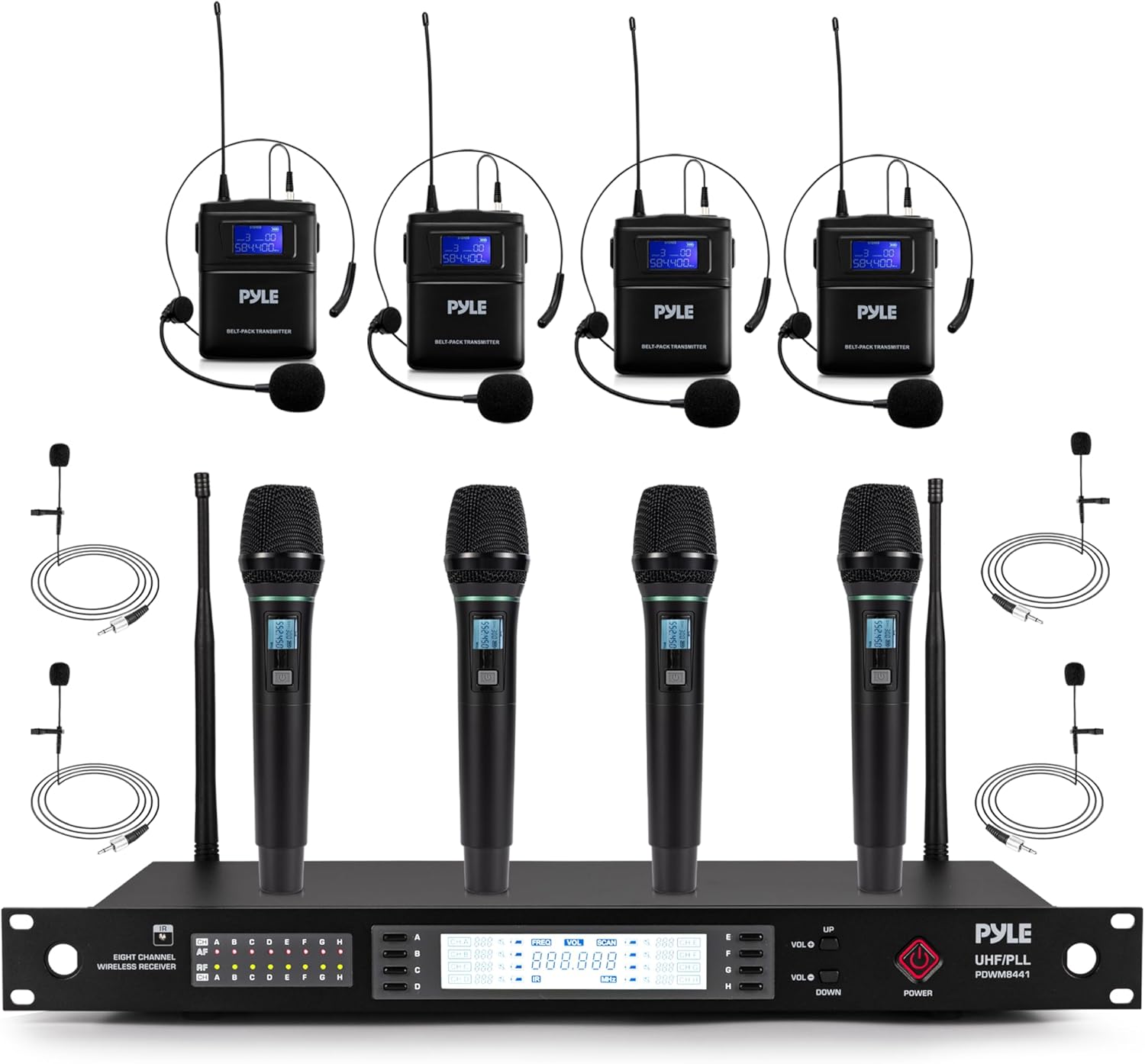 Pyle 8 Channel UHF Wireless Microphone System with 4 Handheld, 4 Lavalier & 4 Headset Microphones, 300 Ft Range & Rack Mount Receiver for Church, Conferences & Live Events