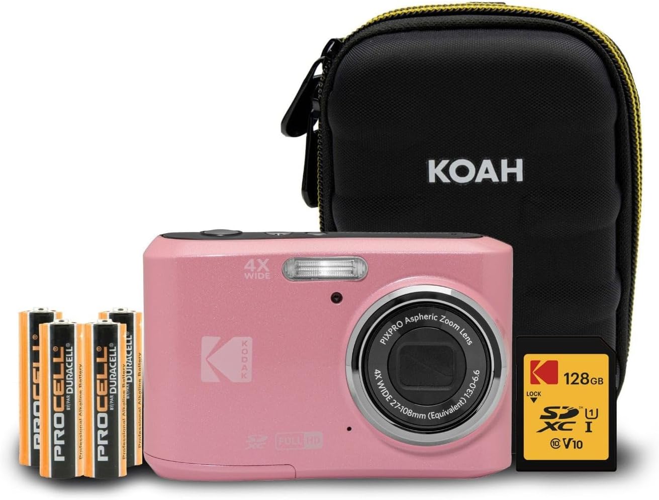 Kodak PIXPRO FZ45 Friendly Zoom 16MP 1080p Full HD Digital Camera (Pastel Pink) with 128GB SD Card, Compact Camera Case and Extra 4X AA Batteries Bundle (4 Items)