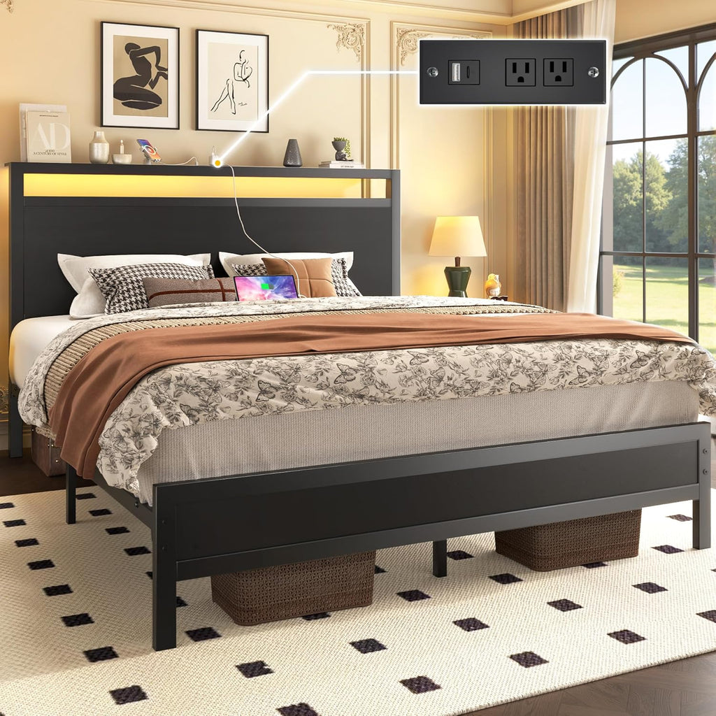 Fluest Queen Bed Frame with Headboard & Footboard, Bed Frame with Built-in Charging Station & LED Light, Storage Shelf, Noise-Free, No Box Spring Needed, Easy Assembly, Classic Black