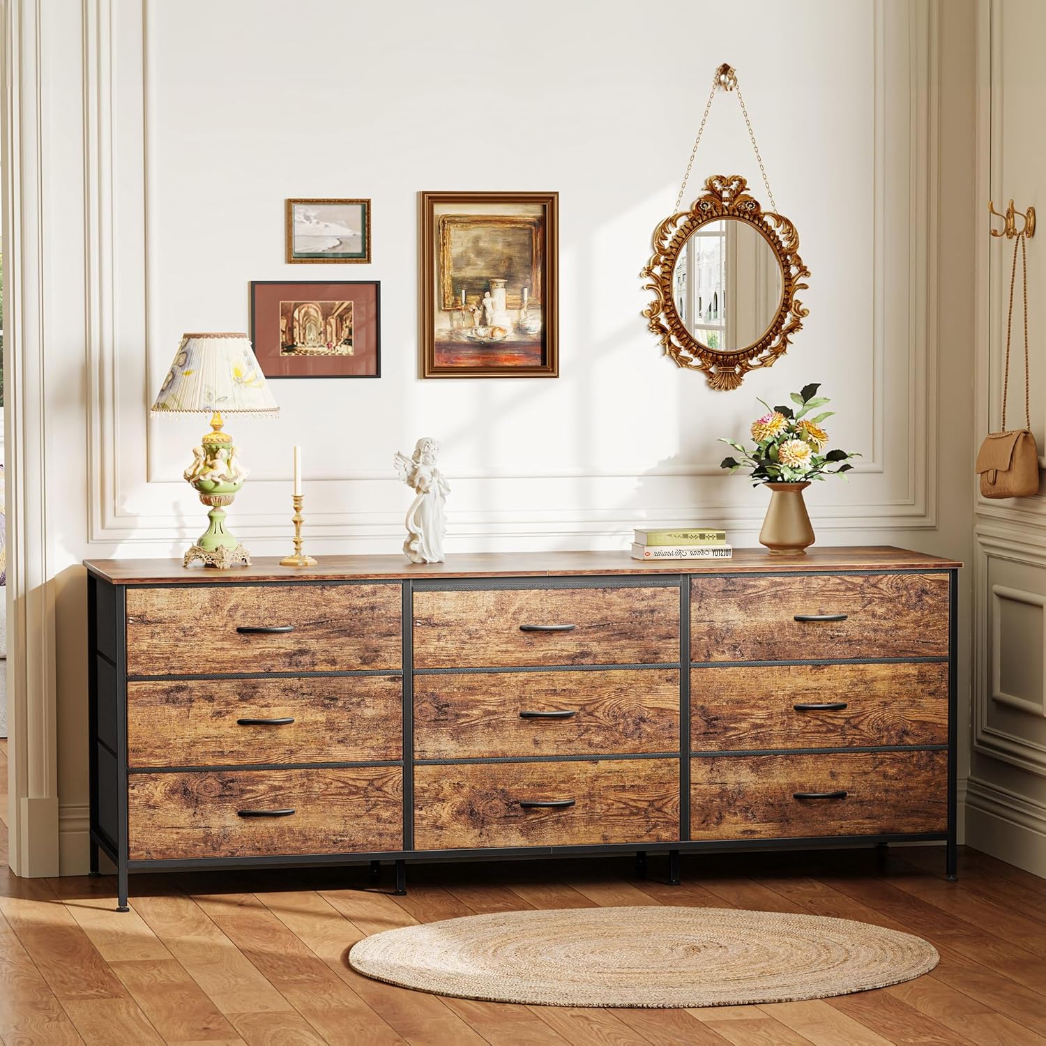 Huuger 63 Inch Dresser for Bedroom, Dresser for Closet with 9 Fabric Drawers, Large TV Stand for 55, 65, 70 Inch TV, Entertainment Center with Storage, Wide Long Chest of Drawers, Rustic Brown