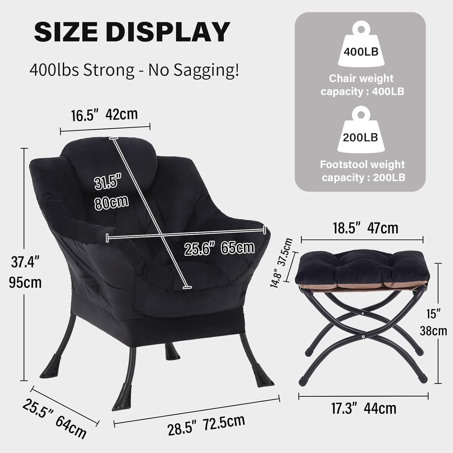 Tiita Lazy Chair with Ottoman, Black Modern Large Accent Chair, Comfy Leisure Sofa Armchair with Ottoman, Reading Chair with Footrest for Bedroom, Living Room, Dorm Rooms, Velvet Black