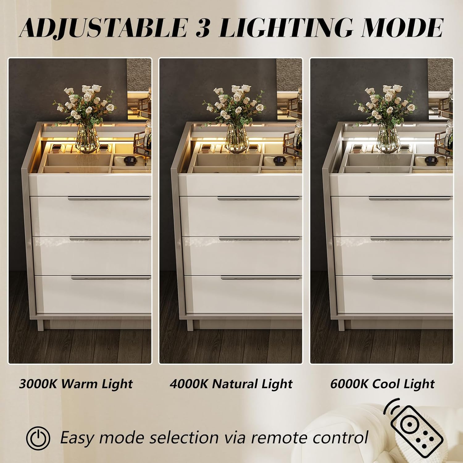 AMERLIFE 4 Piece Bedroom Furniture Set, 2 Nightstands with Charging Station, 8 Drawer Dresser with LED Light & 5 Drawer Chest, Modern High Gloss UV Finish, Bedroom Storage Organizer, Cream & Grey