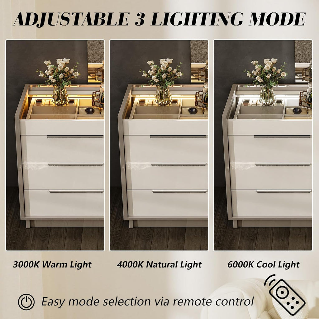 AMERLIFE 4 Piece Bedroom Furniture Set, 2 Nightstands with Charging Station, 8 Drawer Dresser with LED Light & 5 Drawer Chest, Modern High Gloss UV Finish, Bedroom Storage Organizer, Cream & Grey