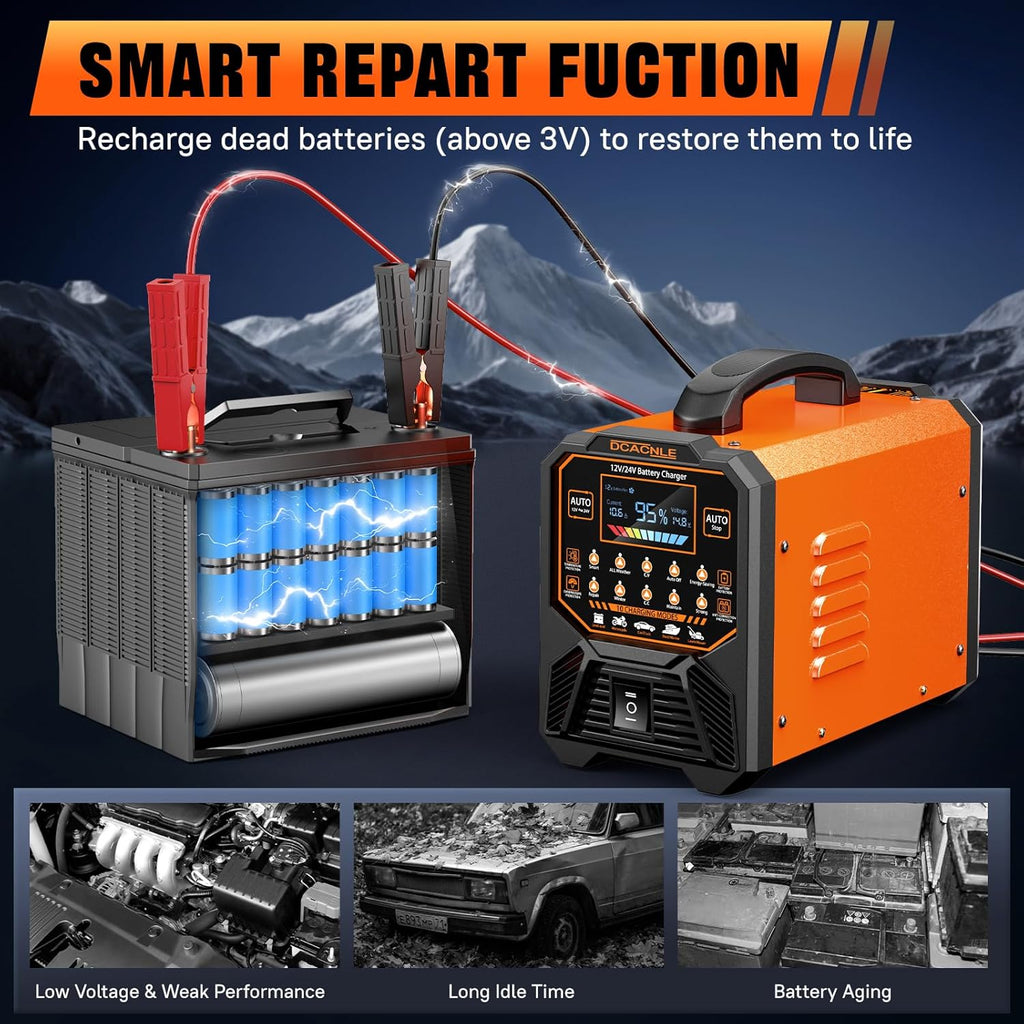 Car Battery Charger Heavy Duty,12V/24V Portable Smart Trickle Charger Battery Maintainer,Maintenance/Winter Mode,for AGM Auto Motorcycle Truck Rv Lawn Mower - for Lead Acid Batteries