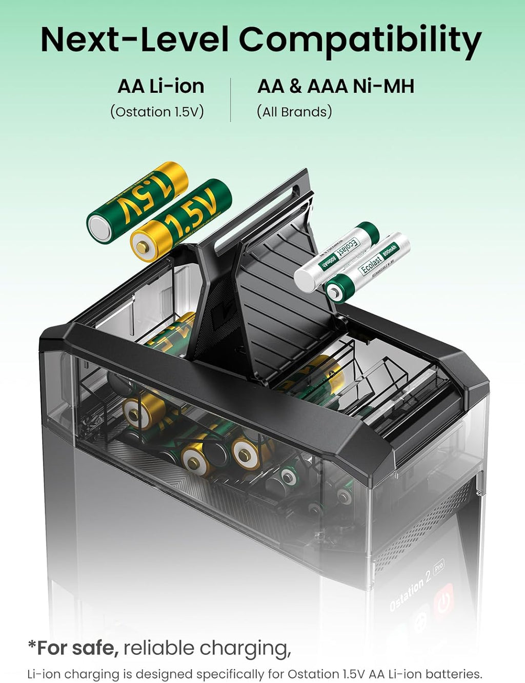 Ostation 2 AA AAA Rechargeable Battery Charger Charging Station, 3 in 1 Polarity-Free Charger Organizer for NiMH & Lithium, Auto-Sorts Good & Bad, App, Holds 24 Cells (w/12 AA Li-ion & 12 AAA NiMH)