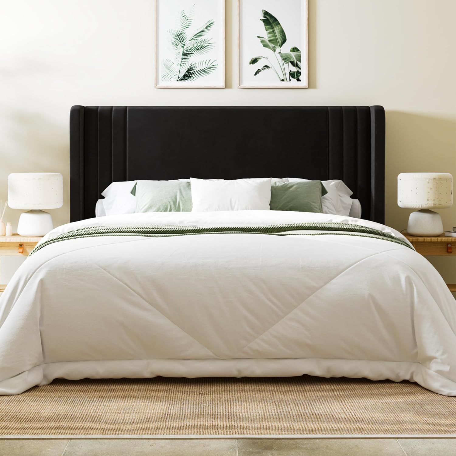 Allewie Queen Size Velvet Platform Bed Frame with Vertical Tufted Wingback Headboard, Easy Assembly, Under Bed Storage, No Box Spring Required, Modern Style, Black