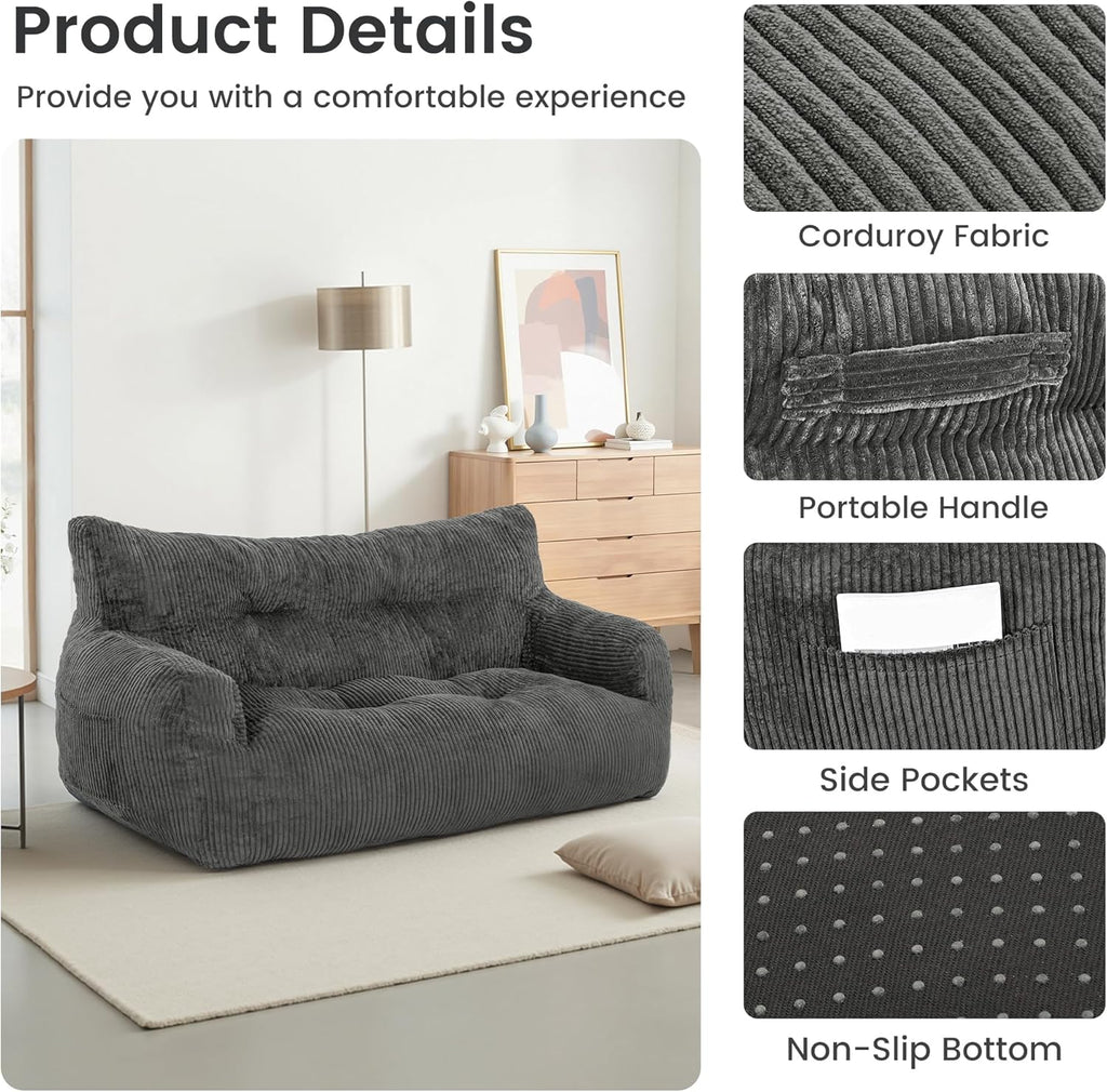 Pamapic 59" Bean Bag Chair,2 Seat Loveseat Sofa,Ultra Soft Dutch Velvet,Fluffy Comfort Washable Cover,Corduroy Lazy Sofa Bed for Adults,Fit Living Room, Bedroom,Outdoor Spaces,72h Rebound,Gray