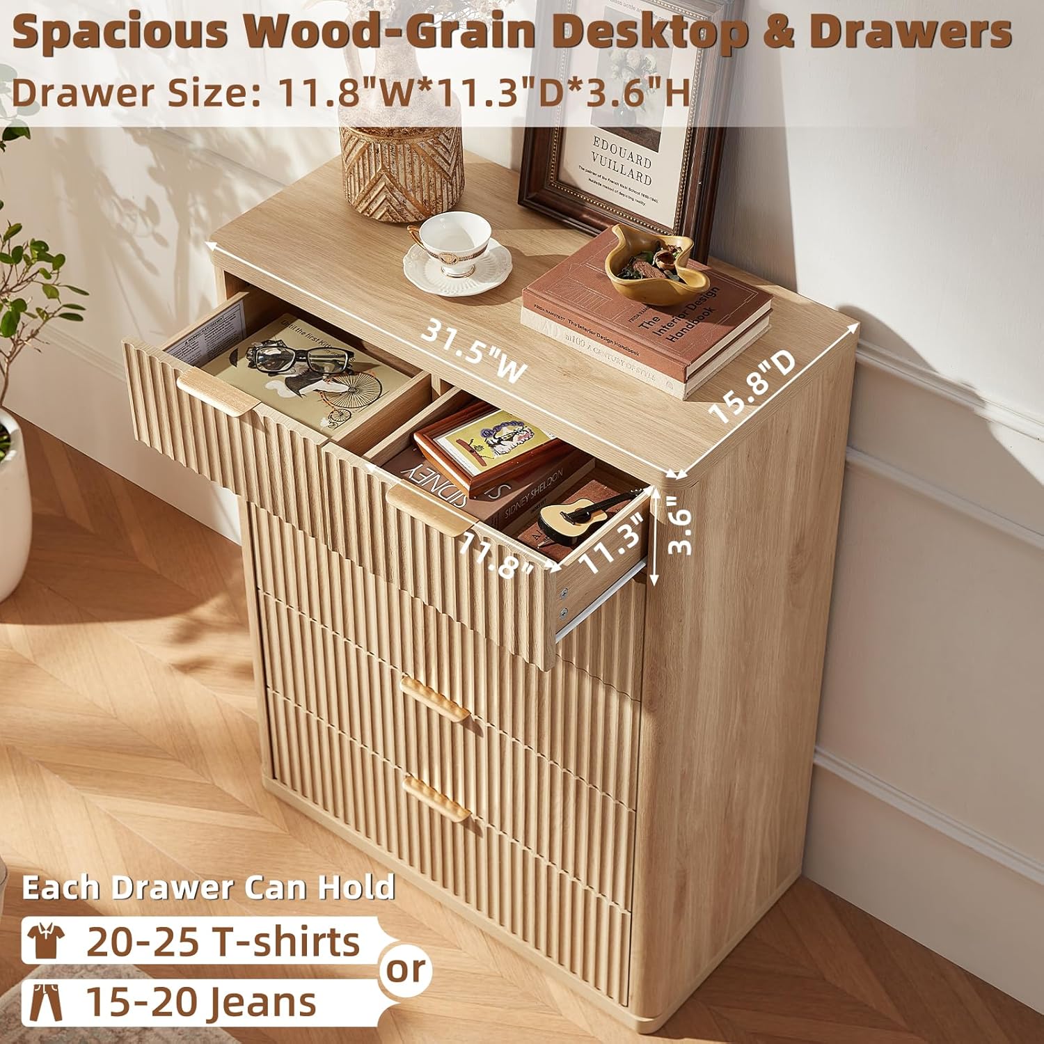 LEYAOYAO Fluted Dressers & Nightstand Set of 4, Wood 48" Wide Dresser & 42" Tall Chest of Drawers,Modern Bedroom Furniture Sets, Natural Wooden Nightstand Set of 2 with 3 Drawers & Charging Station