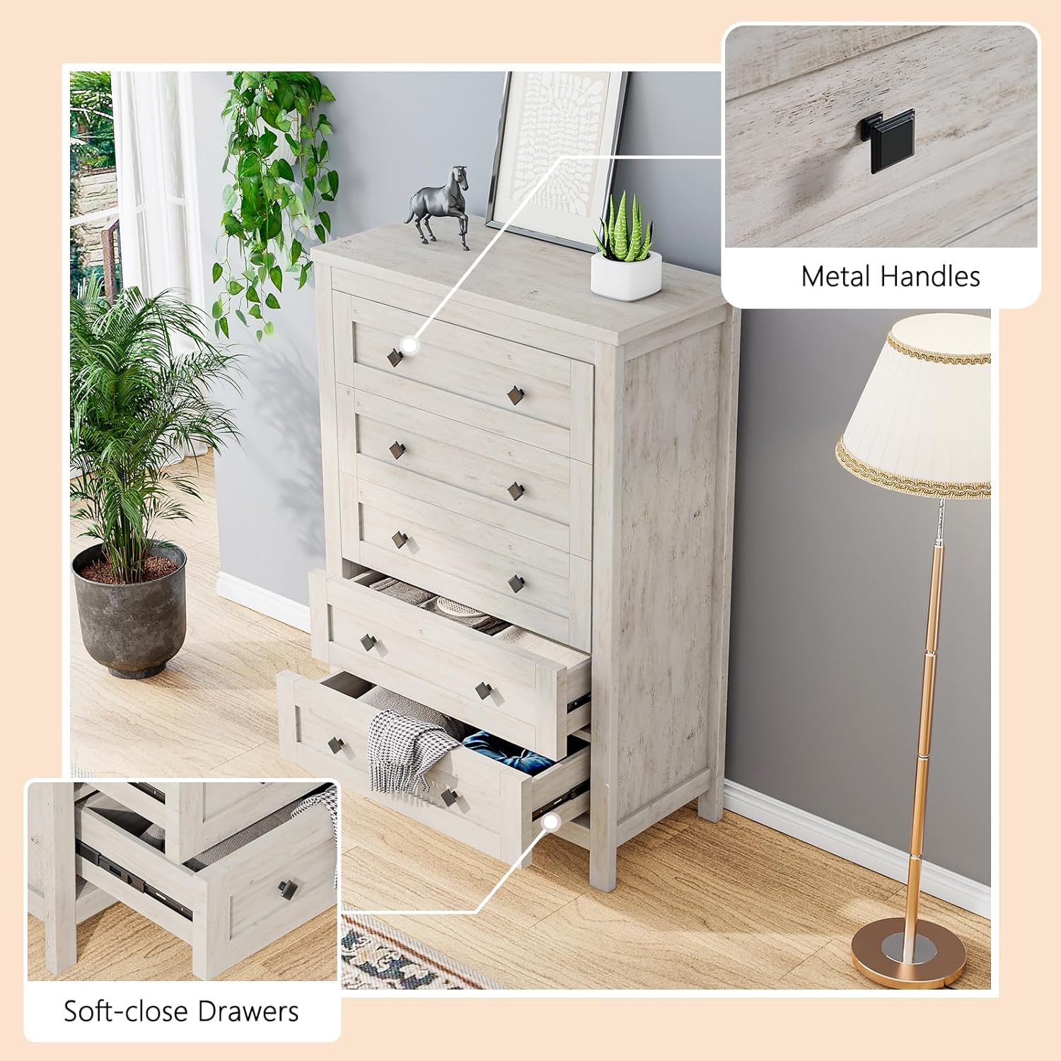 LUXOAK 4 Pieces Farmhouse Bedroom Set, 1 X Wood Rustic 6 Drawer Storage Dresser, 1 X 5 Drawer Dresser, Nightstand Set of 2 with Charging Station, Farmhouse Bedroom Furniture Set, Rustic White